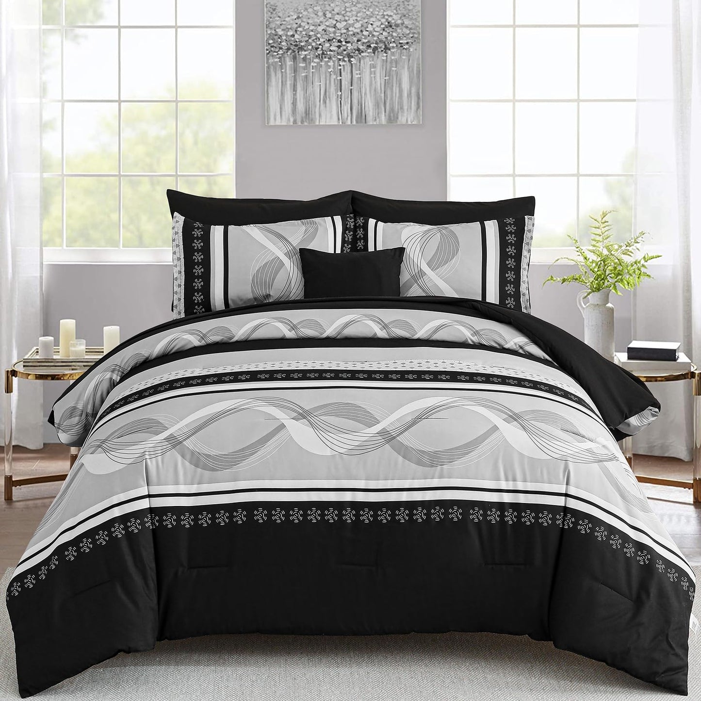 Anibedding Black Comforter Set King Size,8 Pieces Boho Bed in a Bag Patchwork Striped Comforter Set, Soft Microfiber Bedding Set for All Season(104"×90")