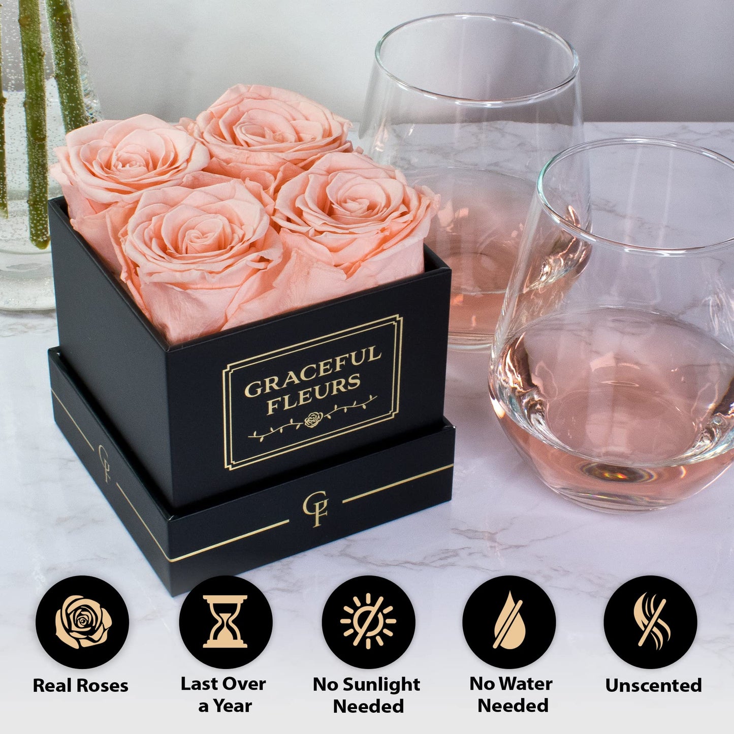 Graceful Fleurs Real Long Lasting Roses in a Box for Years, Preserved Fresh Forever Flowers for Delivery Birthday, Mothers Day Floral Gifts for Women (Light Peach, Black Box, 4 Roses)