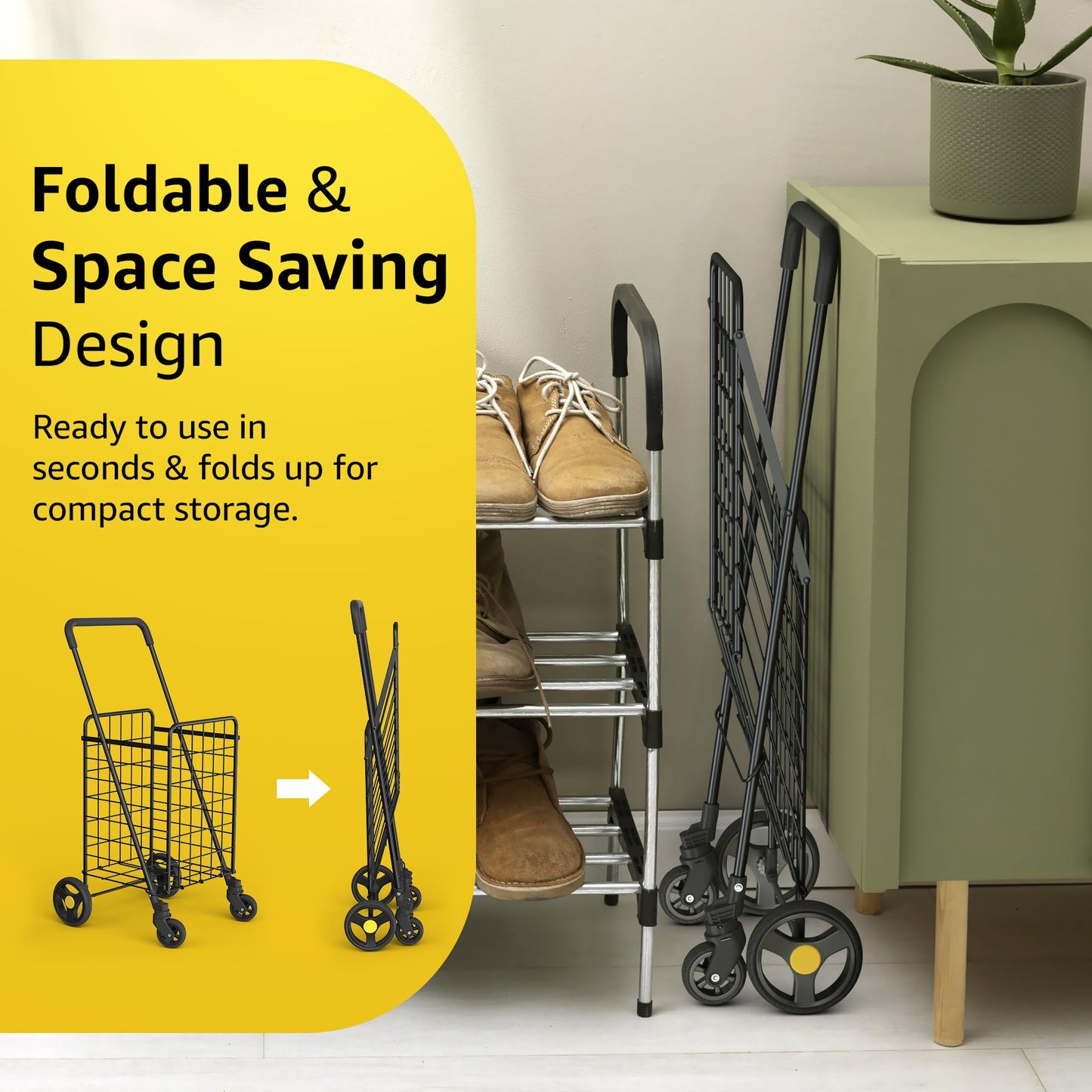 Our Modern Space Shopping Cart & 360° Swivel Wheels | Foldable Collapsible & Lightweight | Perfect for Groceries Laundry Utility Cart - Black