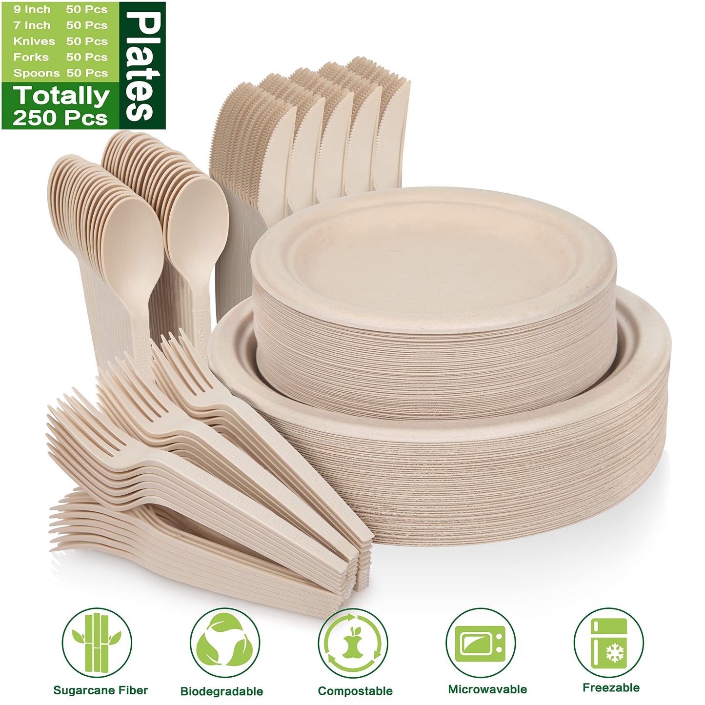 Unves 250 Piece Compostable Paper Plates Set with Extra Long Utensils, Sugarcane Fibers Disposable Dinnerware Set, Biodegradable Plates, Spoons, Forks and Knives for Party, Camping, Picnic