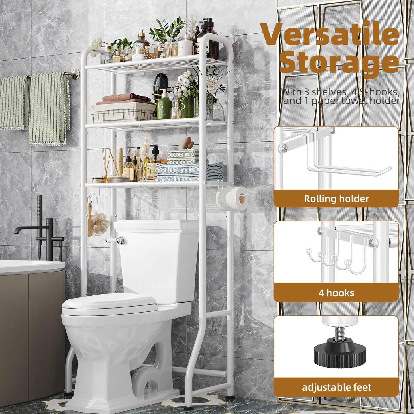 Simple Trending Over The Toilet Storage Rack, Metal 3 Tier Bathroom Organizer Shelf with Paper Holder and 3 Hooks, Freestanding Shelf Space Saver Above Toilet, White