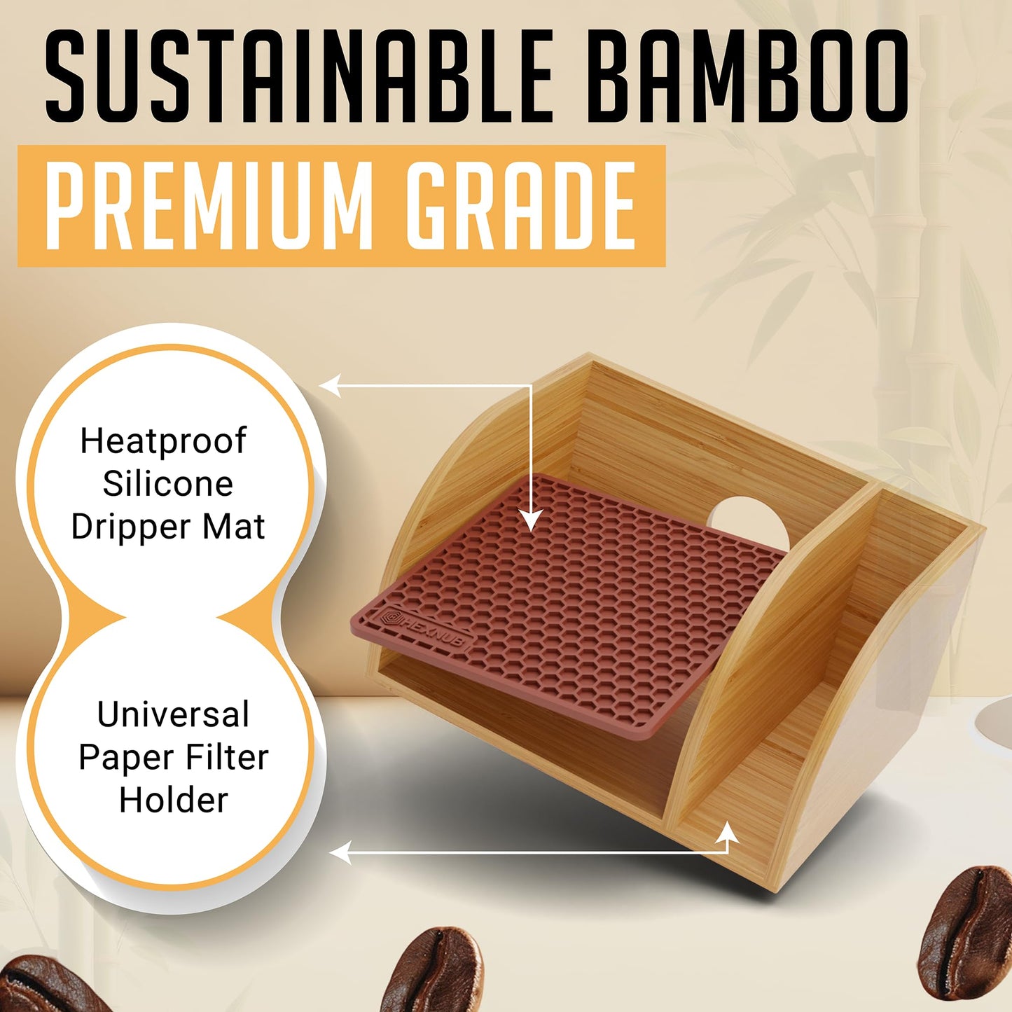 HEXNUB Caddy and Lid for Pour Over Coffee Maker, Bamboo Stand fits Chemex, Bodum, Cosori Coffee Carafes, Heatproof Mat, Filter Holder (Brown Silicone Mat + Lid)