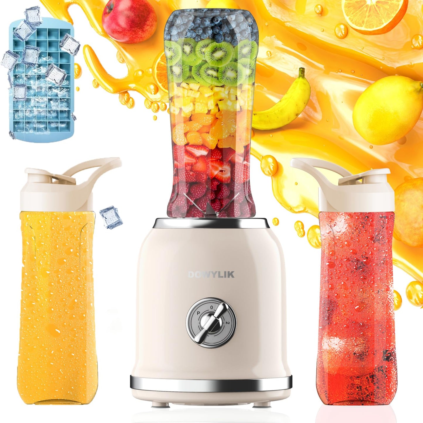 DOWYLIK Personal Retro Protein Drink Blender, 3 Speed Small Blender for Smoothies, Maker with 6-Edge Blade and 2 * 20oz BPA Free Travel Cups