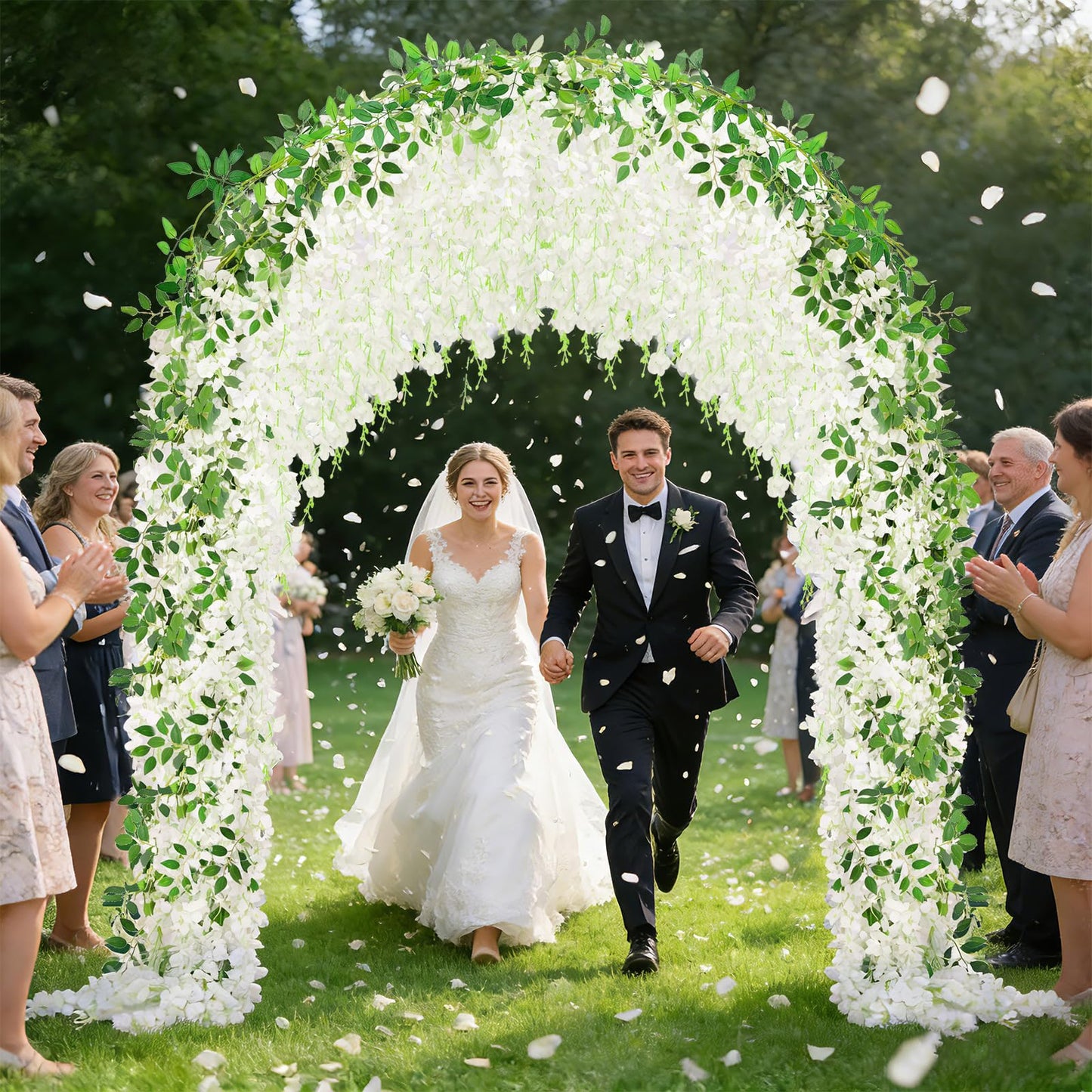 HLAONU 150 Branches Wisteria Hanging Flowers,10Pcs Total 60ft White Wisteria Artificial Flowers Garland Vine Silk Hanging Flowers for Wedding Party Arch Ceremony Garden Home Backdrop Decor