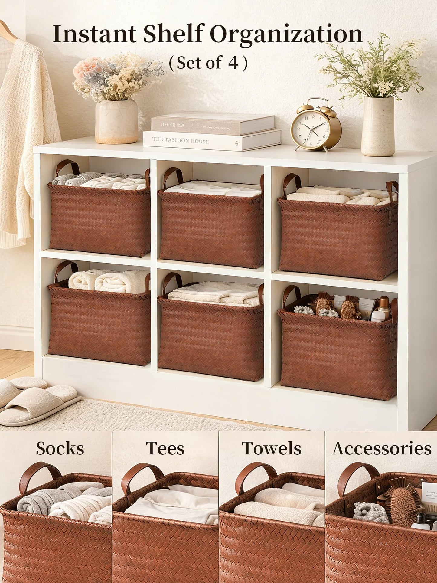 Panovox Hand Woven Baskets for Storage, 4Pcs Water-Resistant Wicker Baskets, Brown Wicker Storage Baskets for Shelves, Large Basket with Handle for Organizing, Clothes, Laundry, Blanket - Rectangular