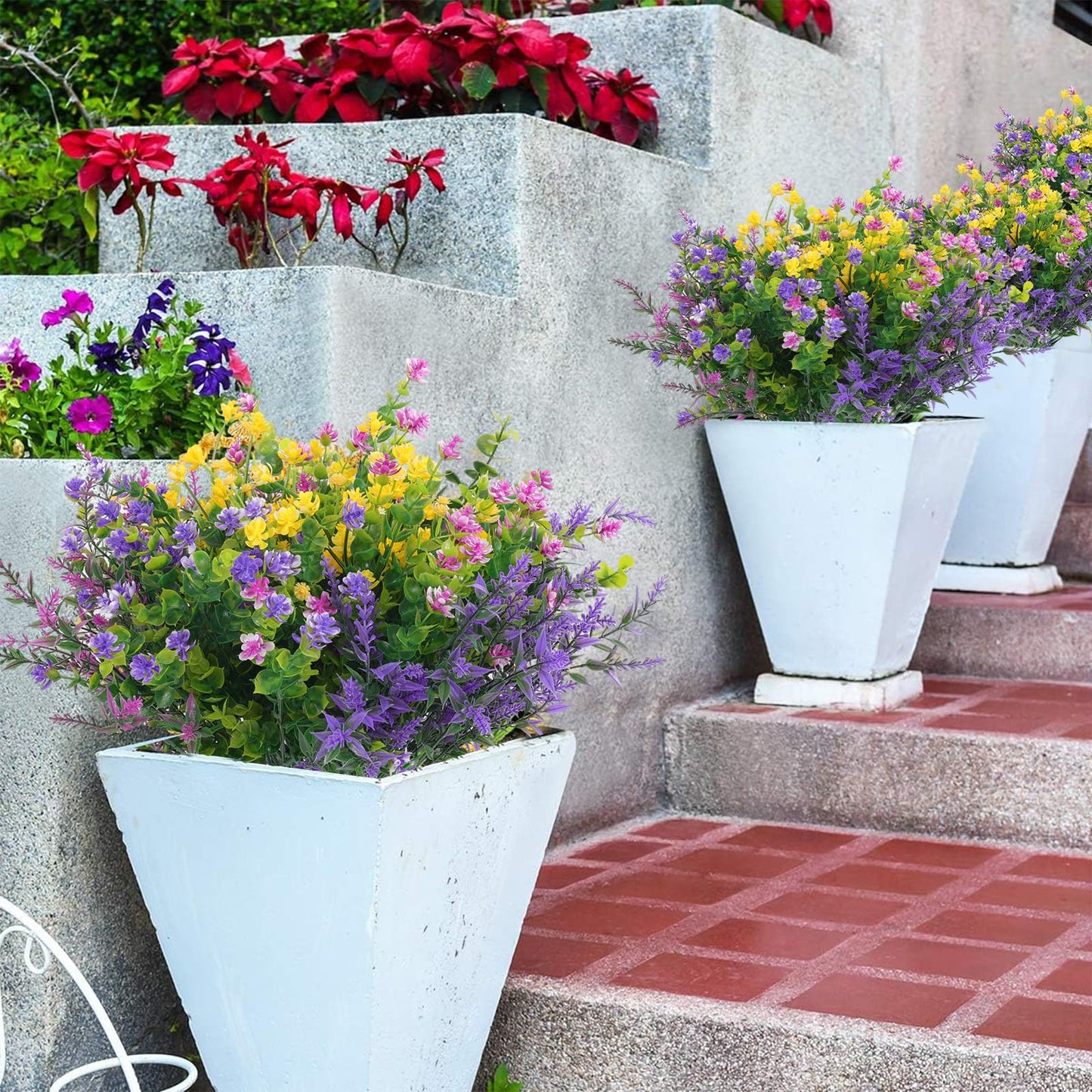 Hananona 24 Pcs Artificial Flowers Outdoor, Faux Artificial Plants UV Resistant Plastic Flower Bulk for Hanging Planter Porch Window Home Wedding Summer Decor (24, Fuchsia, Purple, Yellow, Green)