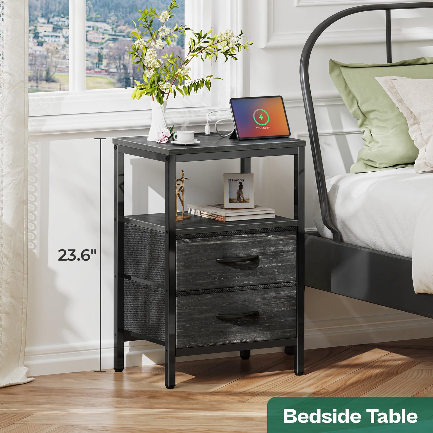 Huuger Nightstand with Charging Station, Fabric Drawers, End Table with Open Shelf, Bedside Table with USB Ports and Outlets, Night Stand for Bedroom, Charcoal Black Wood Grain Print