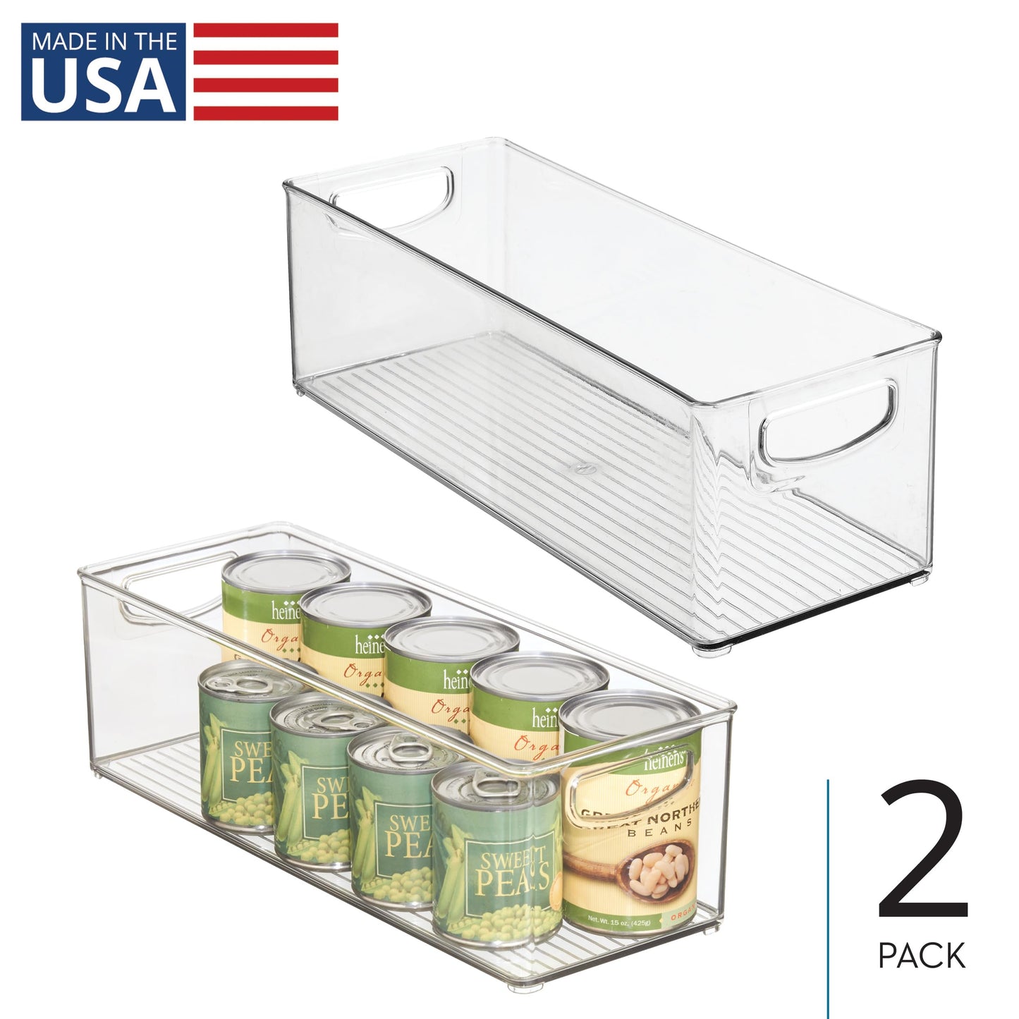 iDesign Plastic Stackable Pantry Bin for Kitchen Cabinets or Fridge, Set of 2, Clear, Made in USA