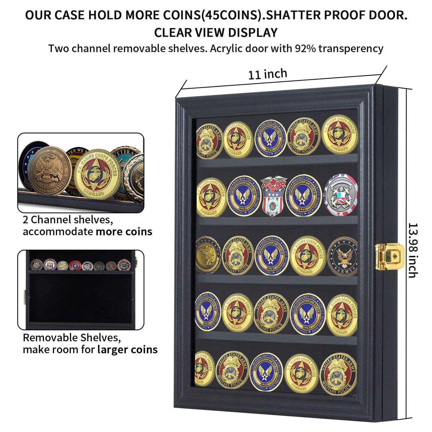 Jinchuan Military Challenge Coin Display Case Lockable Cabinet Rack Holder Shadow Box with Removable 2 Grooves Shelves and Anti Dust Door for Casino Poker Chips Collectibles, Small - Black