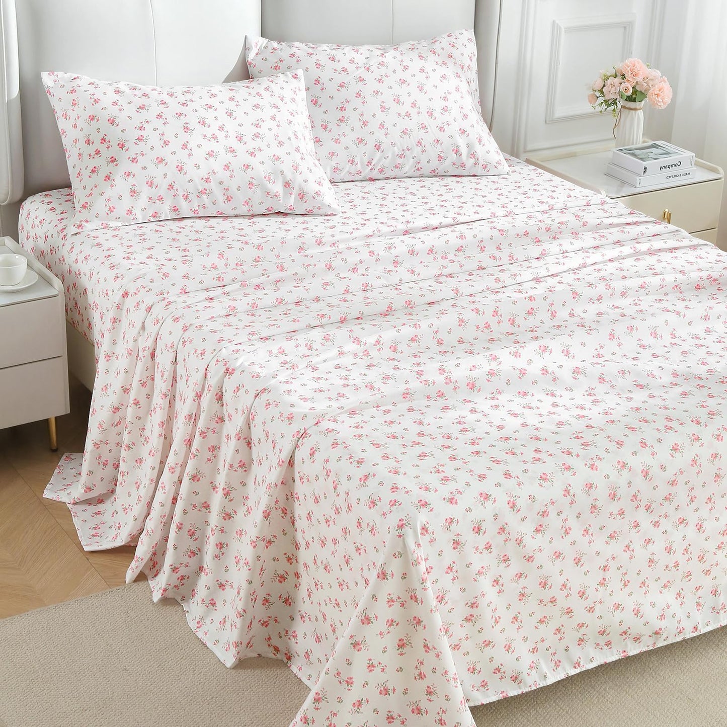 MUXHOMO Queen Size 4 Piece Sheet Set, Soft Breathable Bed Sheet Set for Bedroom with Deep Pocket Up to 16", Wrinkle-Free & Cooling Bedding for Oeko-TEX Certified - Blossoms Pink