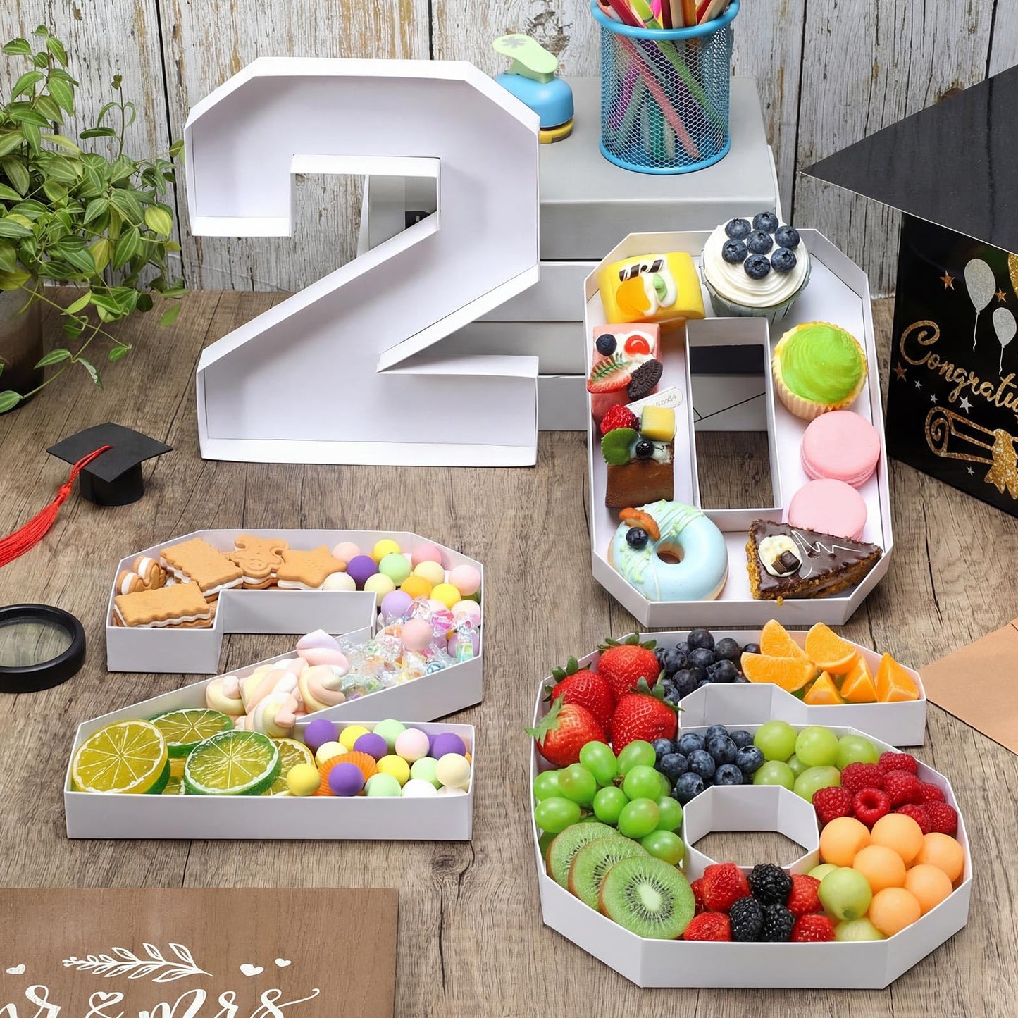 Mooliwe 4 Pcs 2026 Graduation Fillable Numbers for Charcuterie Class of 2026 Cardboard Number Grad Charcuterie Board Serving Trays Graduation Food Box for Tray Party Supplies(White)