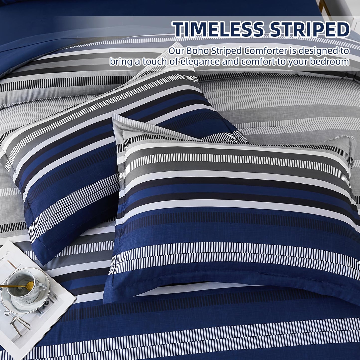 Dobuyly Navy Blue Comforter Full Size Set 7 Pieces, Boho Striped Bed in a Bag Full Soft Microfiber All Season Bedding Set with Comforter, Sheets, Pillowcases & Shams