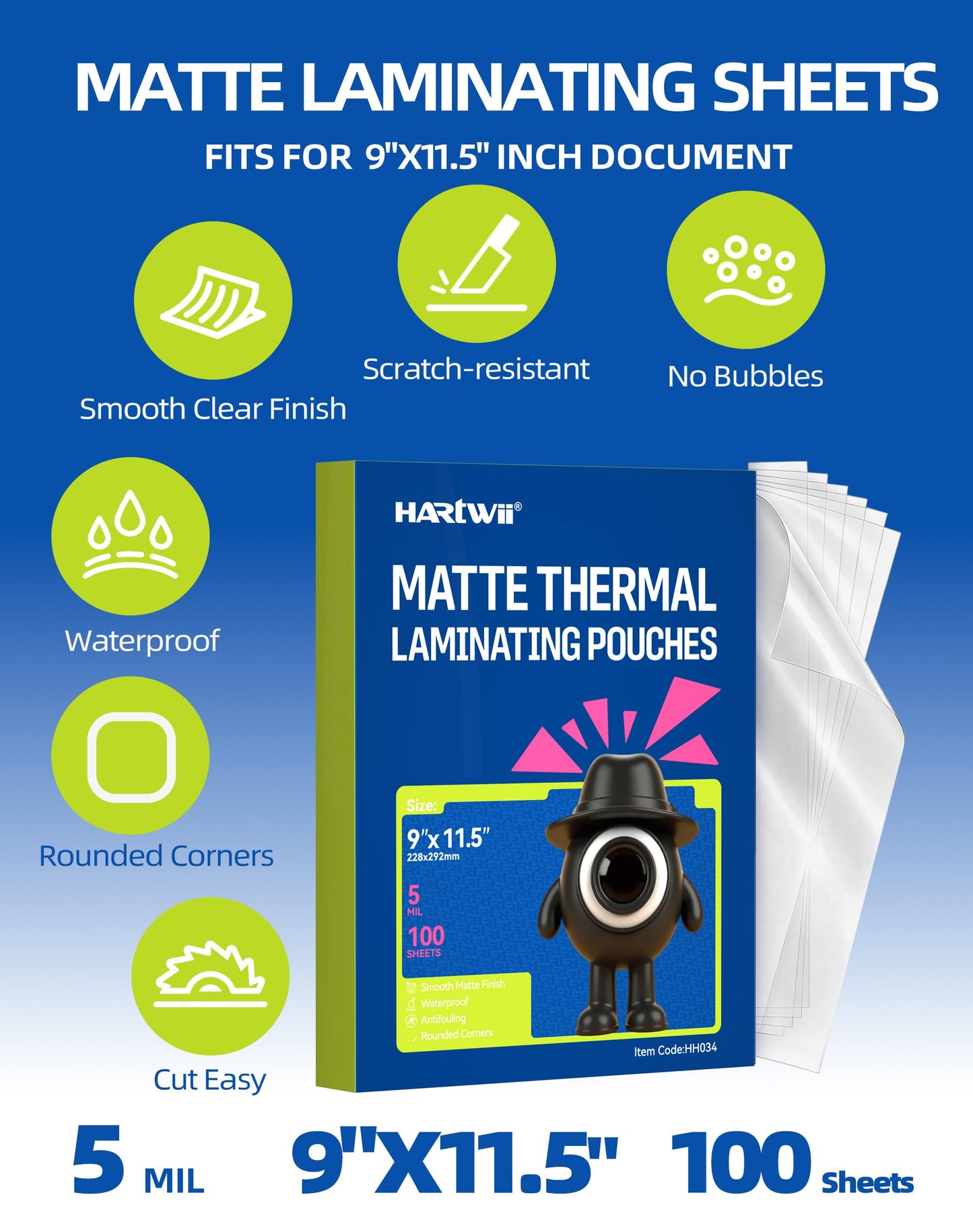 HARTWII 100 Pack Matte Laminating Sheets 9 x 11.5 Inches, 5 Mil Ultra Clear Thermal Laminating Pouches with Matte Finish, Fits 8.5 x 11 Letter Size, Glare Free & Writable for Documents