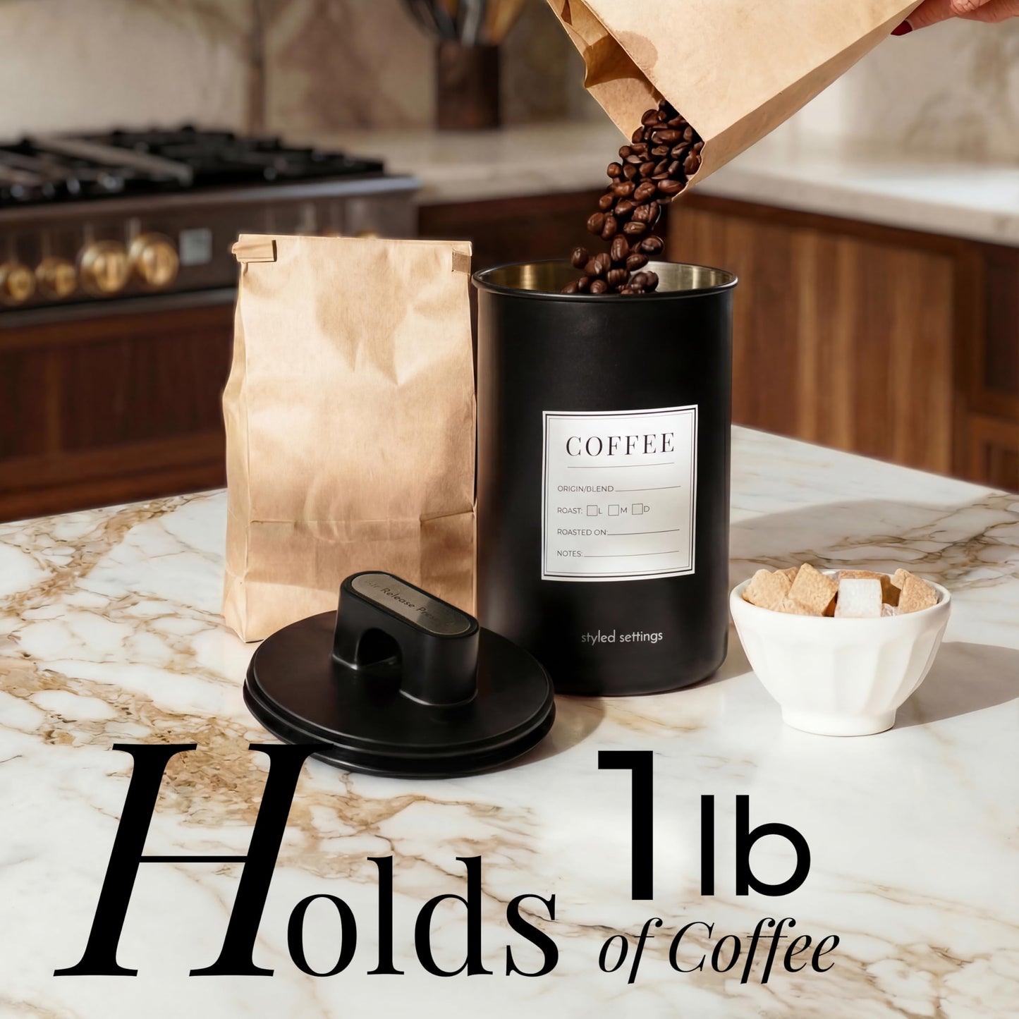 STYLED SETTINGS Coffee Storage Container - Airtight Vacuum Coffee Canister with Scoop and Label - Matte Black Canister Holds 1lb Beans or Grounds, Dual-Lid Freshness System - Perfect for Gifting