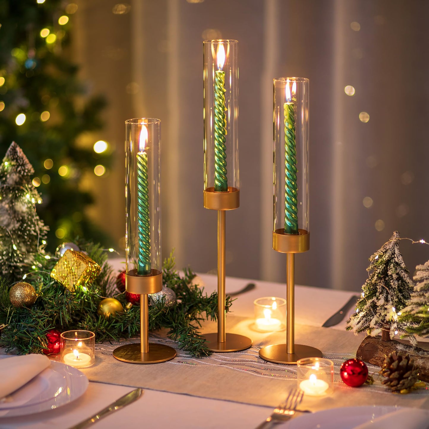 Glass Hurricane Candlestick Holders Gold - Romadedi Set of 6 Taper Candle Holder Bulk Tall Clear Glass Cylinder Table Centerpiece Wedding Decor Party Birthday Christmas Home Decorations