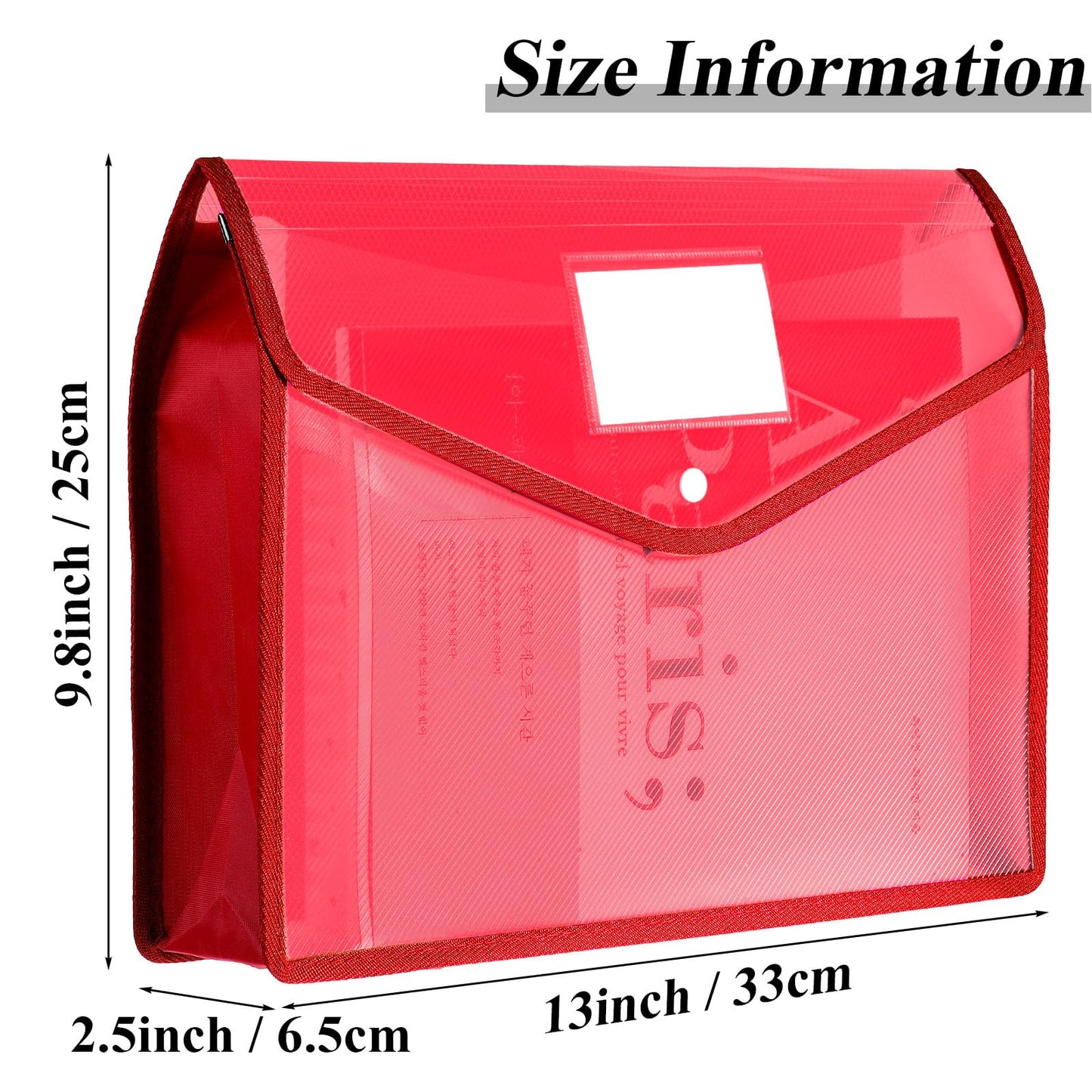 10 Pieces Plastic File Folders Envelope Expanding File Wallet Organizer Documents Folder with Snap Closure and Pocket, A4 Size Waterproof Transparent Pouch(Red,Horizontal)