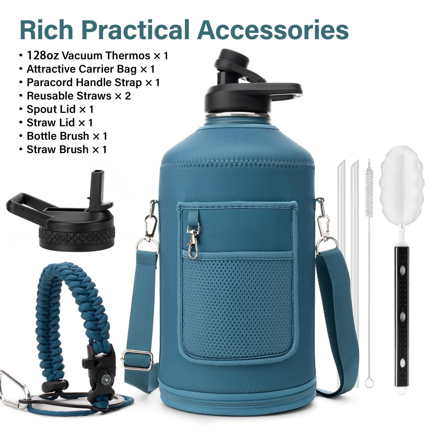 DYSANKY 1 Gallon Water Bottle Insulated | Thickened Stainless Steel Vacuum Metal Water Jug | Portable Sports Large for Gym and Hiking with Straw, Carrier Bag, Handle Strap | BPA-Free 128 oz