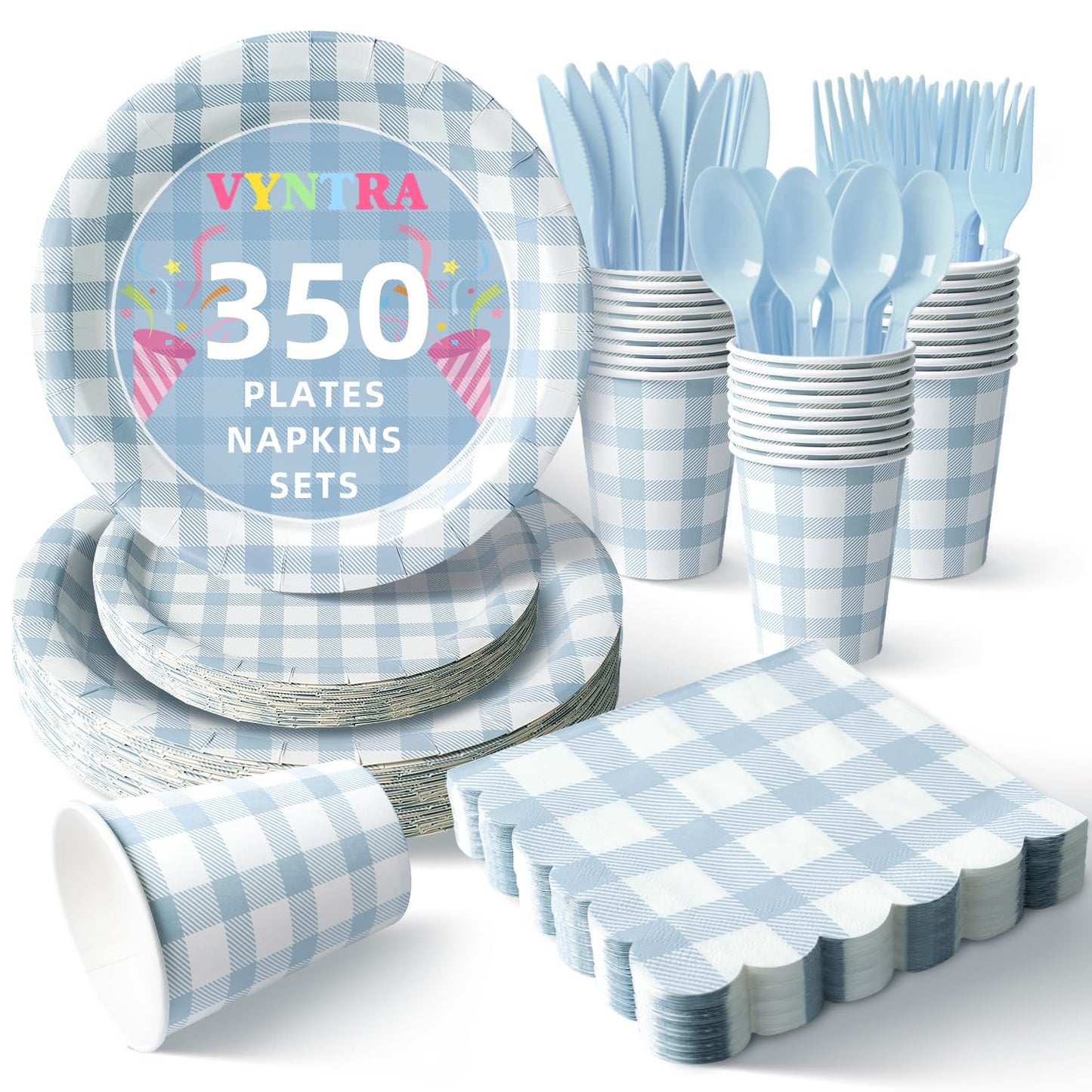 Vyntra 350 Pcs Blue Gingham Paper Plates and Napkins Set for 50, 9" Dinner Plates & 7" Dessert Plate, Baby Boy Shower Birthday Party