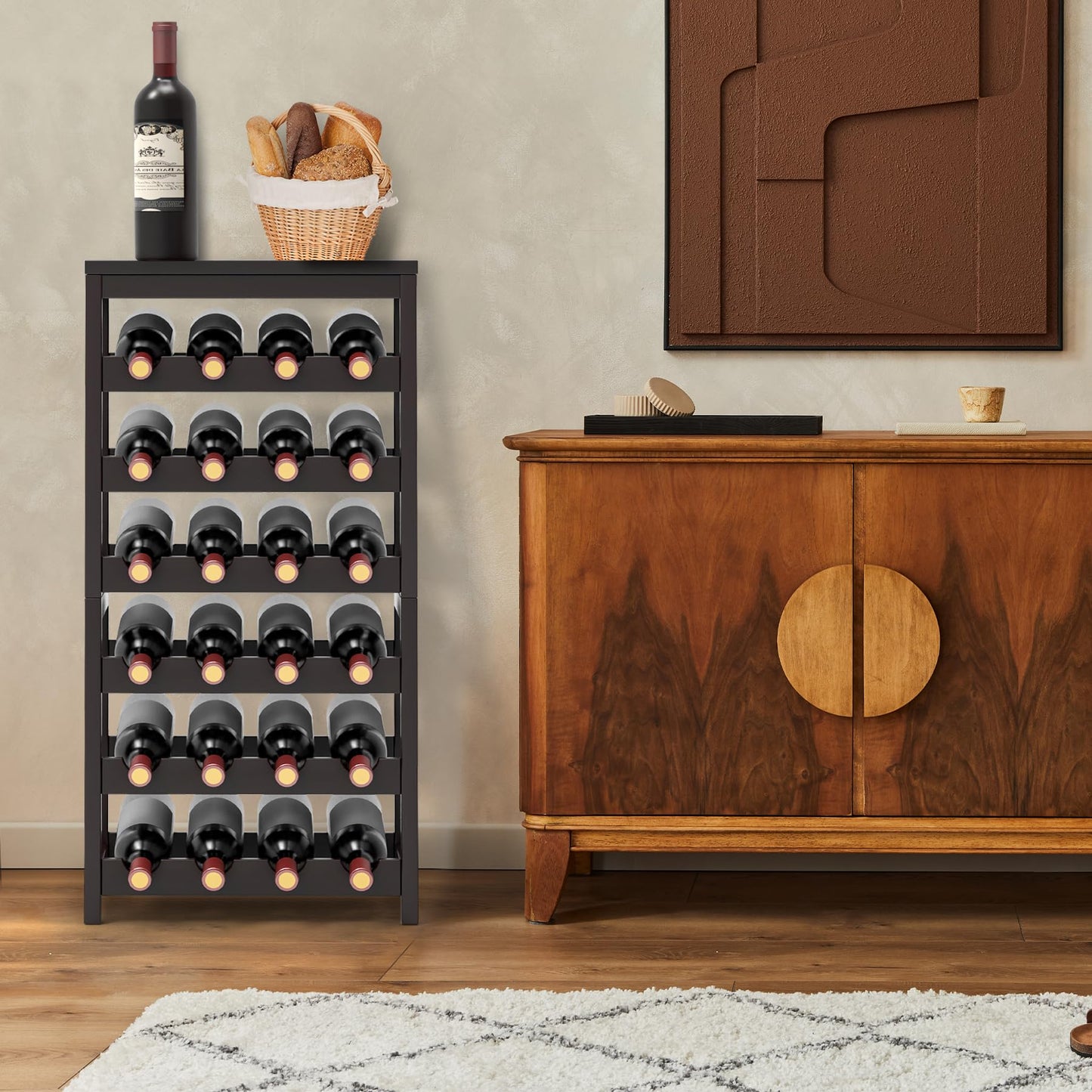 WRONWA 24 Botttle Wine Rack Freestanding Floor, 6 Tier Wine Rack Shelf with Table Top, Bamboo Wine Rack, Wine Storage Shelves Kitchen Bar Dining Room Living Room - Dark Brown