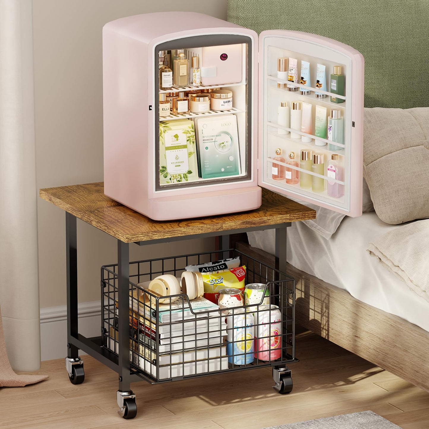 Mini Fridge Stand with Storage, Small Refrigerator Stand with Wheels, Rolling Mini Fridge Cart-Max Load 300 LBS Heavy Microwave Printer Stand Utility Cart for Dorm, Apartment, Kitchen, Office (Brown)