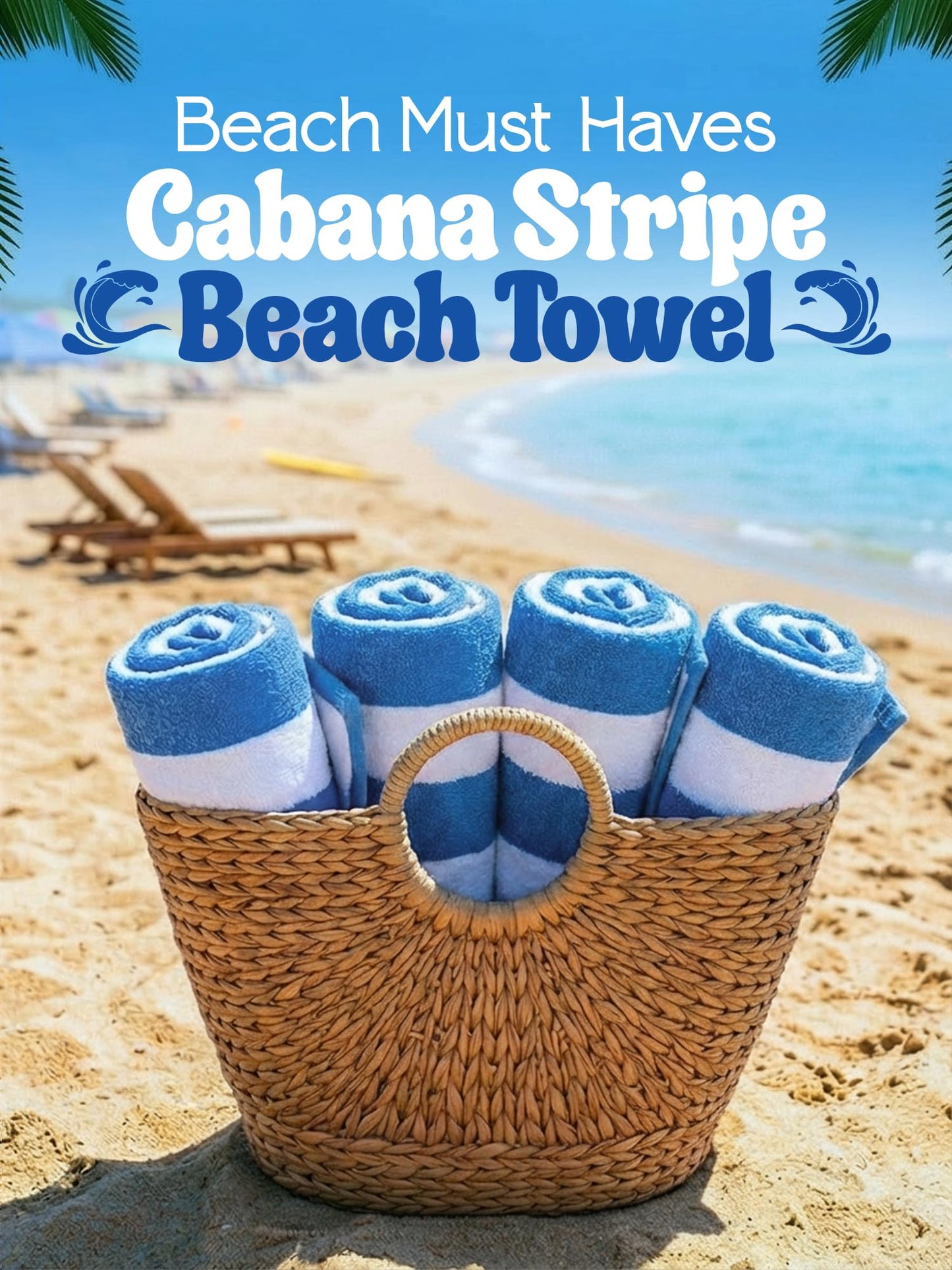 Utopia Towels Pack of 4 Cabana Beach Towels, Oversized 30 x 60 Inches Cotton Beach Towel Set, Smooth Ring Spun Texture for Pool and Swim Days, Modern Striped Design Bath Towels, Blue