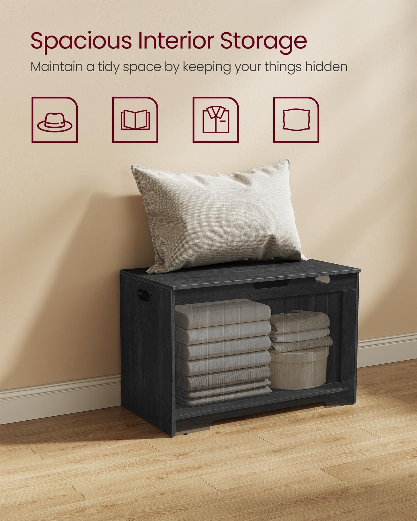 VASAGLE Storage Chest, 29.9 Inches Width Storage Bench, Entryway Bench with 2 Safety Hinges, Shoe Bench, Farmhouse Style, for Entryway, Bedroom, Living Room, Charcoal Gray ULHS011B02