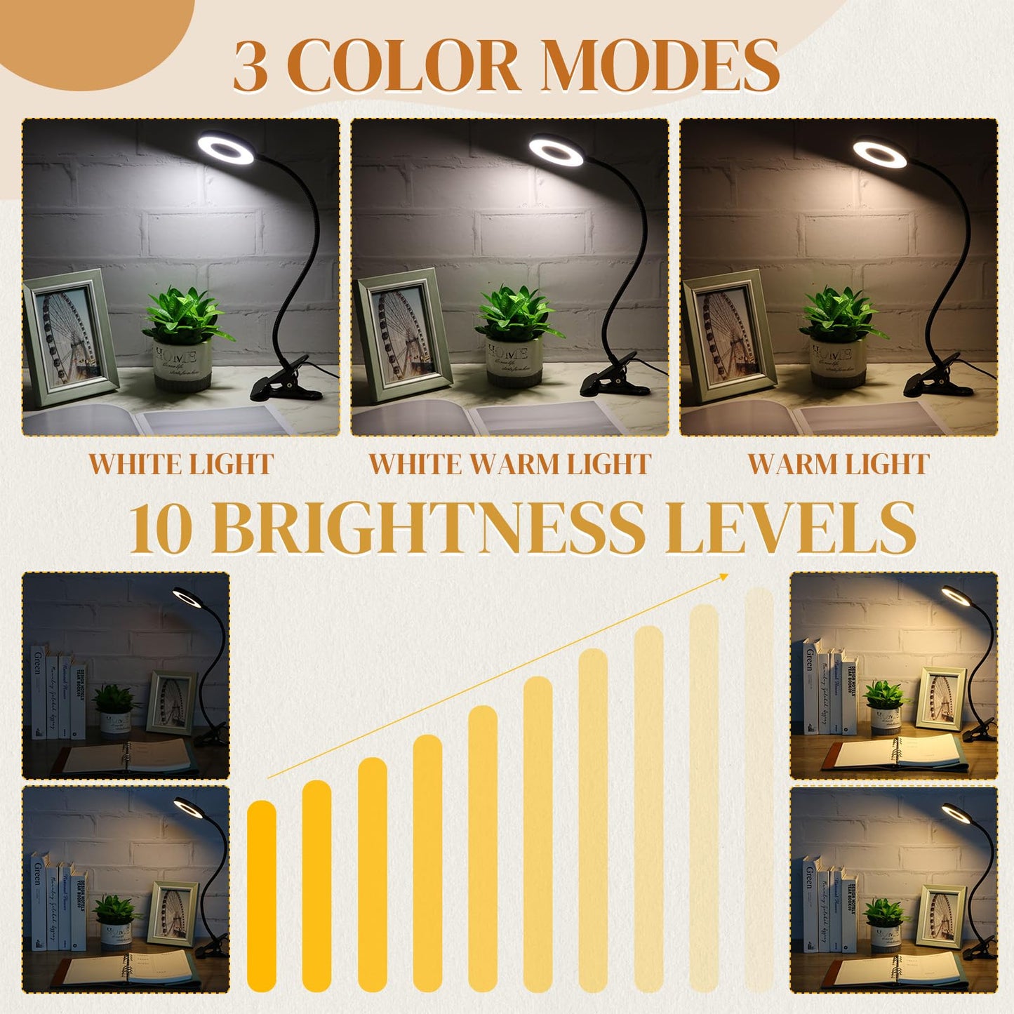 Glooglitter 4 Pcs Clip on Light 48 LEDs USB Ring Light with 3 Color Modes and 10 Brightness Dimmable, Eye Protection, 360 Flexible Neck for Desk, Headboard, Reading