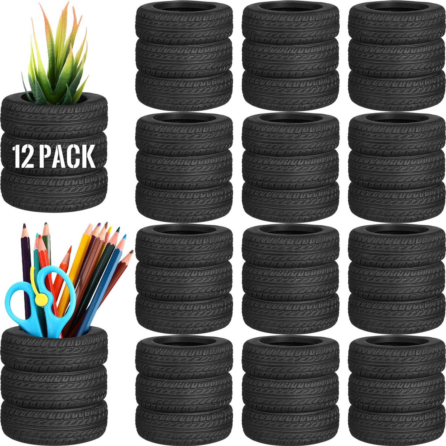 Crtiin 12 Pcs Operation Christmas Box Items Bulk Tire Shaped Pen Holder Car Tire Pencil Holder Stack Stationery Accessories for Desk Office Decor Gift Funny Cactus Succulent Planter