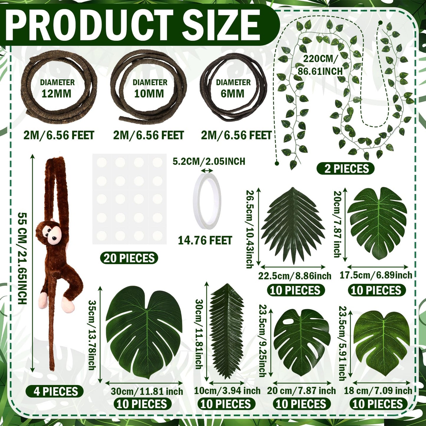 Suncalla 90 Pcs Jungle Theme Decoration Tropical Rainforest Safari Party Decor 4 Hanging Monkey Stuffed 14.4 ft Pothos Vines 20ft Artificial Rattan 60 Palm Leaf Set for Birthday Classroom Party (20ft)