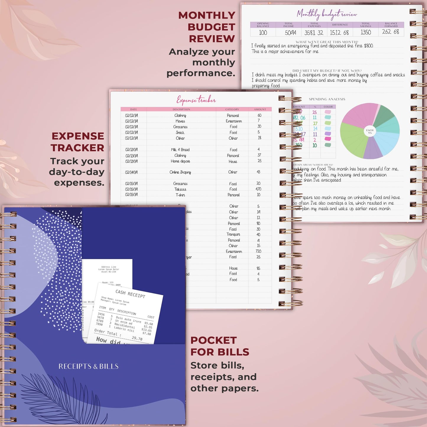 PLANBERRY Large Budget Planner & Monthly Bill Organizer with Pockets – Budgeting Book, Finance & Expense Tracker, 8.3x9.4″ (Rose Gold)