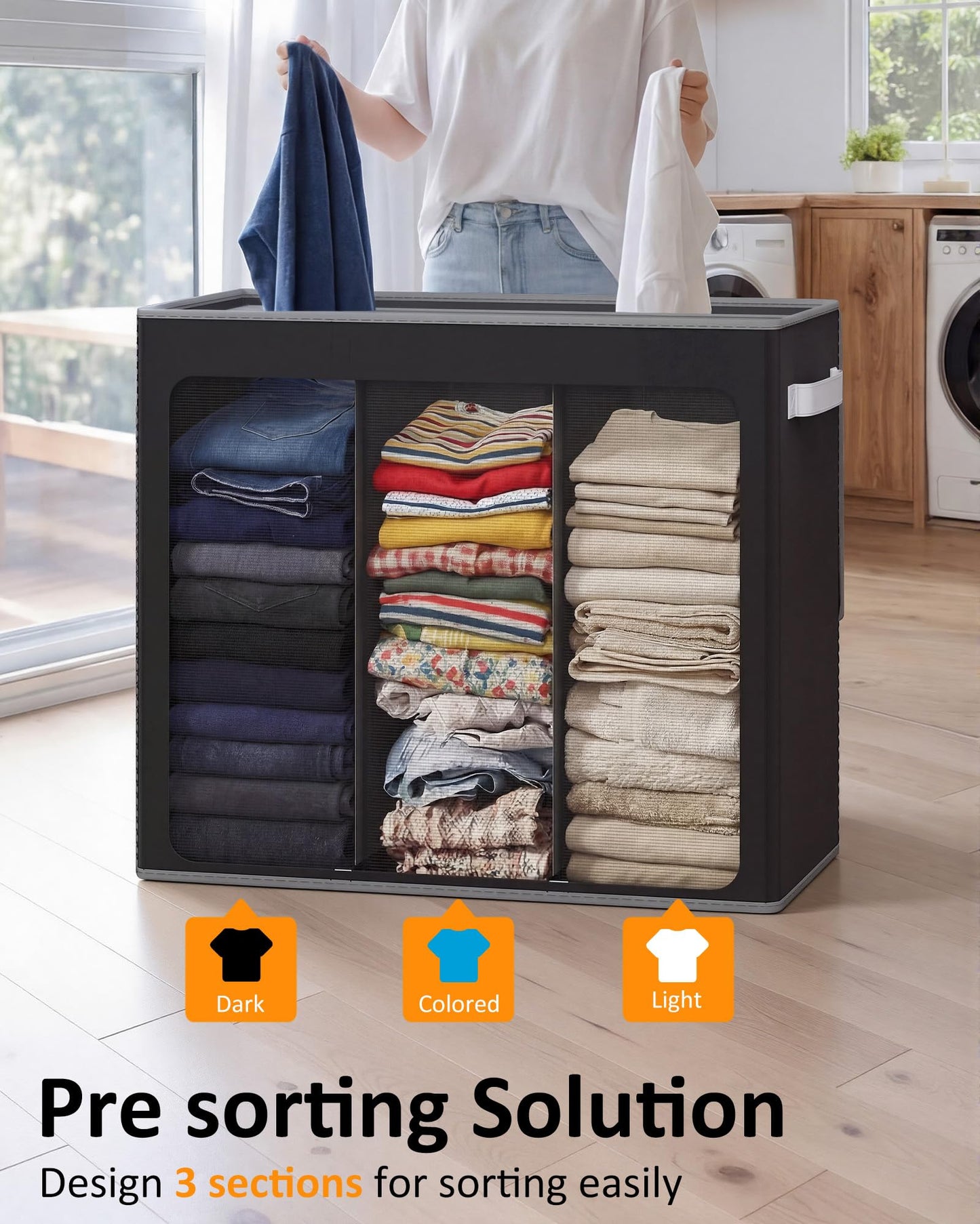 Optish 180L Laundry Hamper 3 Section, Large Laundry Hamper with Lid, Dirty Clothes Hampers with 3 Inner Bags, Laundry Basket Organizer for Laundry, Bedroom, Bathroom, Hamper 3 Compartment, Black