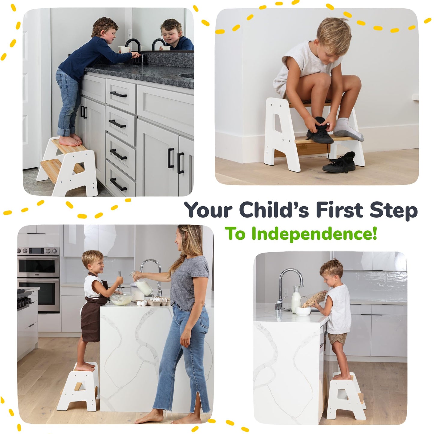 OCODILE 2-Step Wooden Step Stool for Toddlers | Kids Stool for Bathroom Sink & Kitchen Use | Non-Slip Step | Wooden Stool for Children Ages 2+ Years White