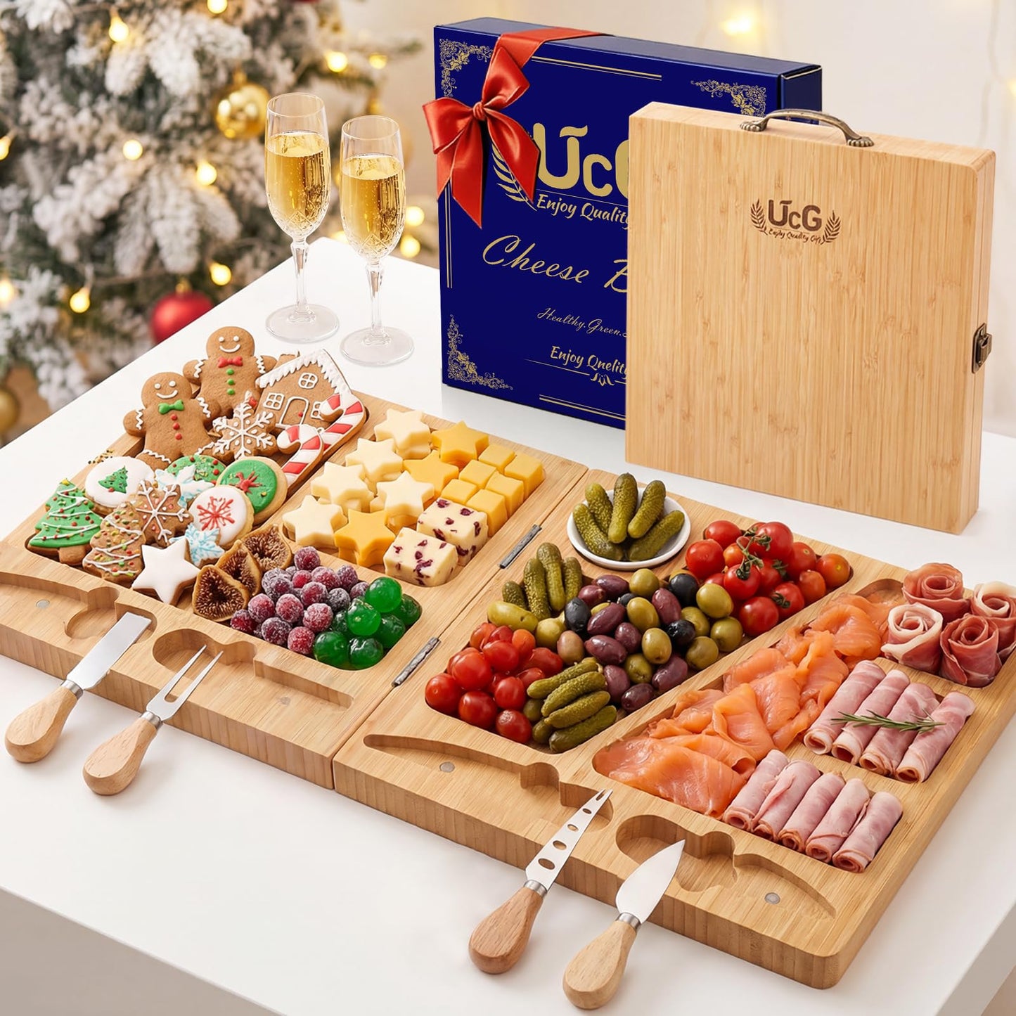 UTCG Charcuterie Board Gifts for Women: Bamboo Folding Cheese Board with Knife Set - Unique White Elephant Gift Wedding Housewarming Mothers Day Birthday Party Bridal Shower Gift
