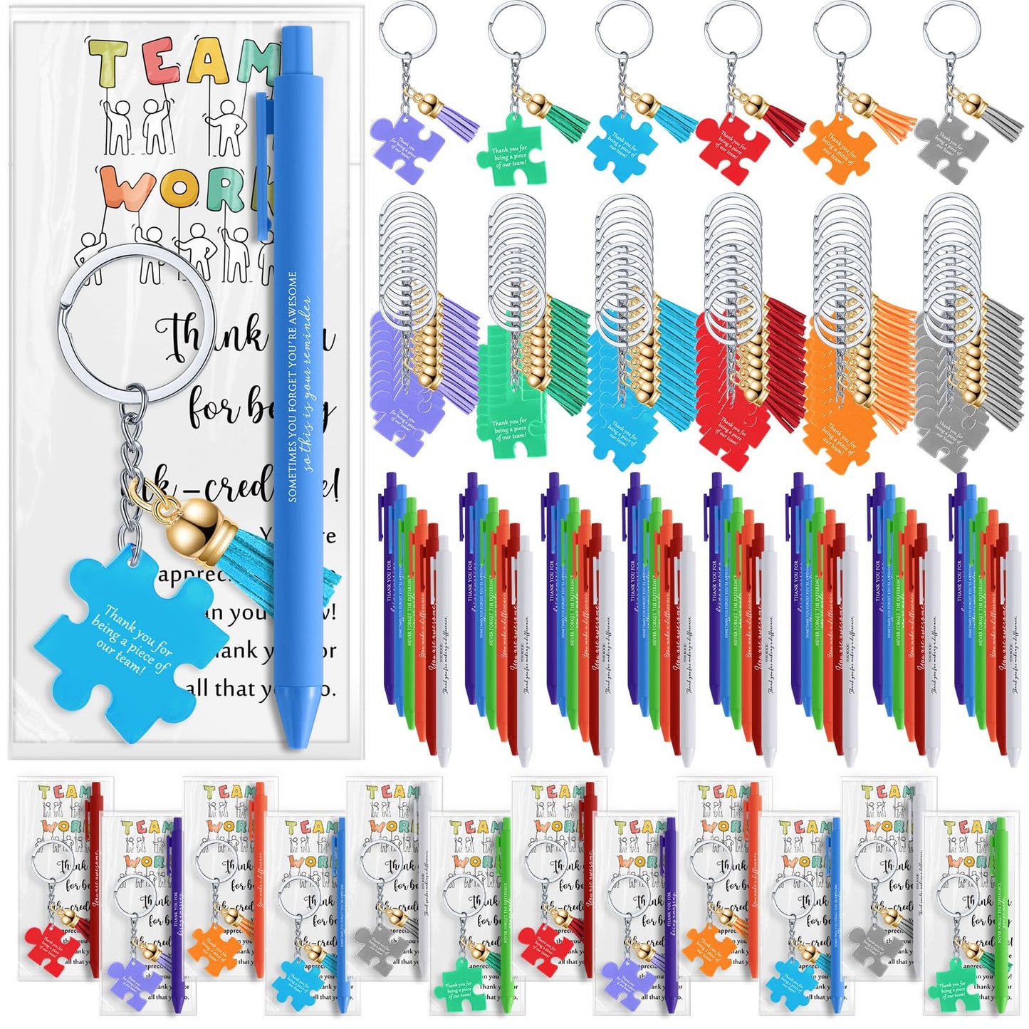 Sayglossy 50 Set CNA Week Gifts Bulk 2026 End of Year Graduation Gifts for Teacher Nursing Assistant Office Staff Appreciation, Team Work Pens & Inspirational Puzzle Piece Keychains & Thank You Cards