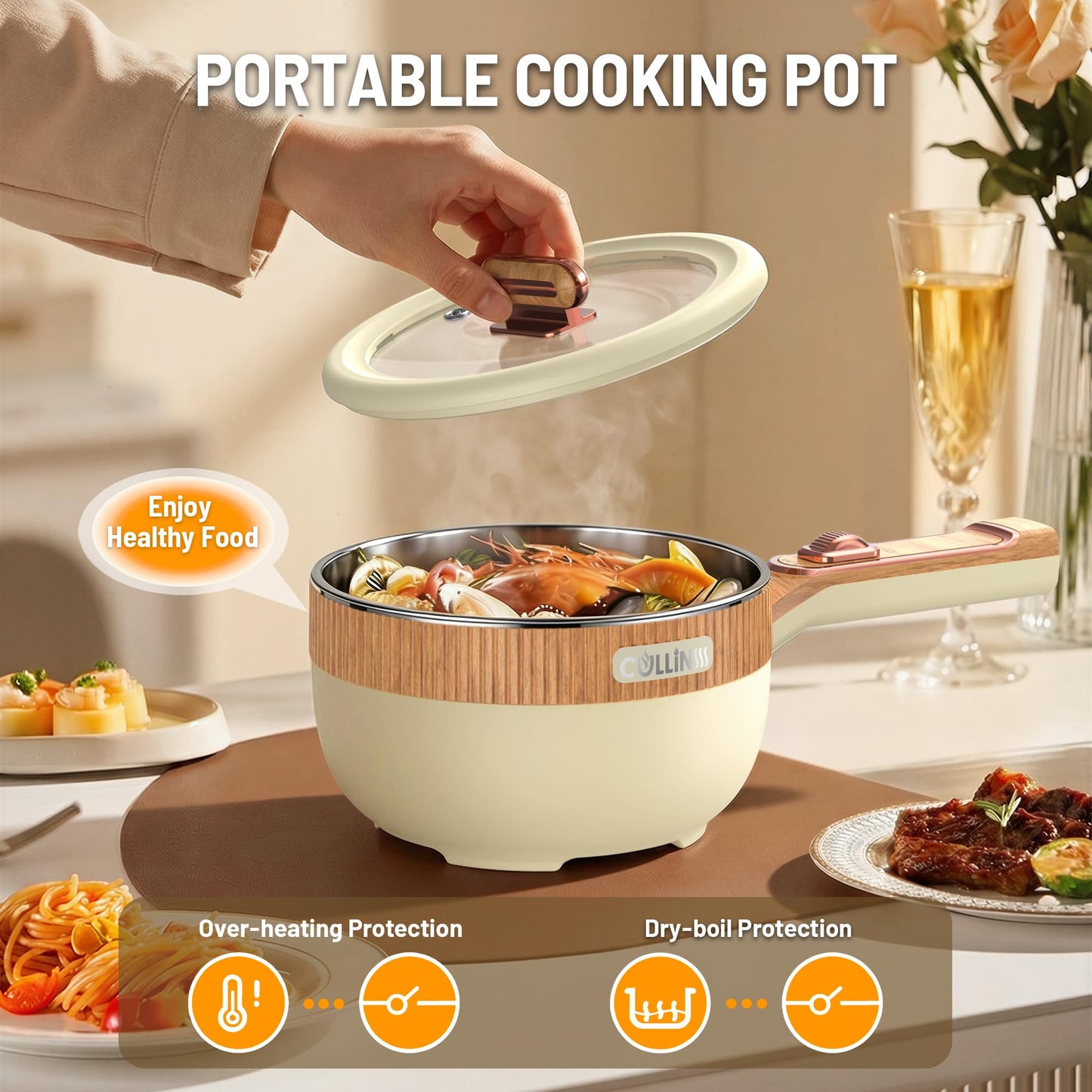Cullinsss Hot Pot Electric, 1.5L Portable Electric Pot Frying Sauté Pan Multifunctional Cooker for Ramen Steak Soup with Adjustable Power for Dorm Home Travel (Silicone Spatula Included)