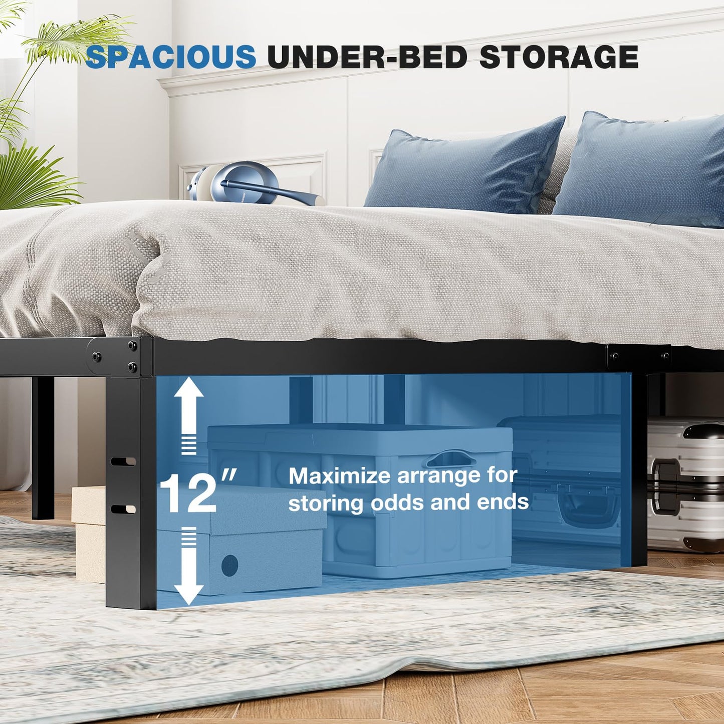 OLIXIS Metal Queen Bed Frame - 14in High with Storage Space, No Box Spring Needed with Sturdy Steel Slat Support, 2200LBS Heavy Duty for Easy Assembly, Black for Bedroom