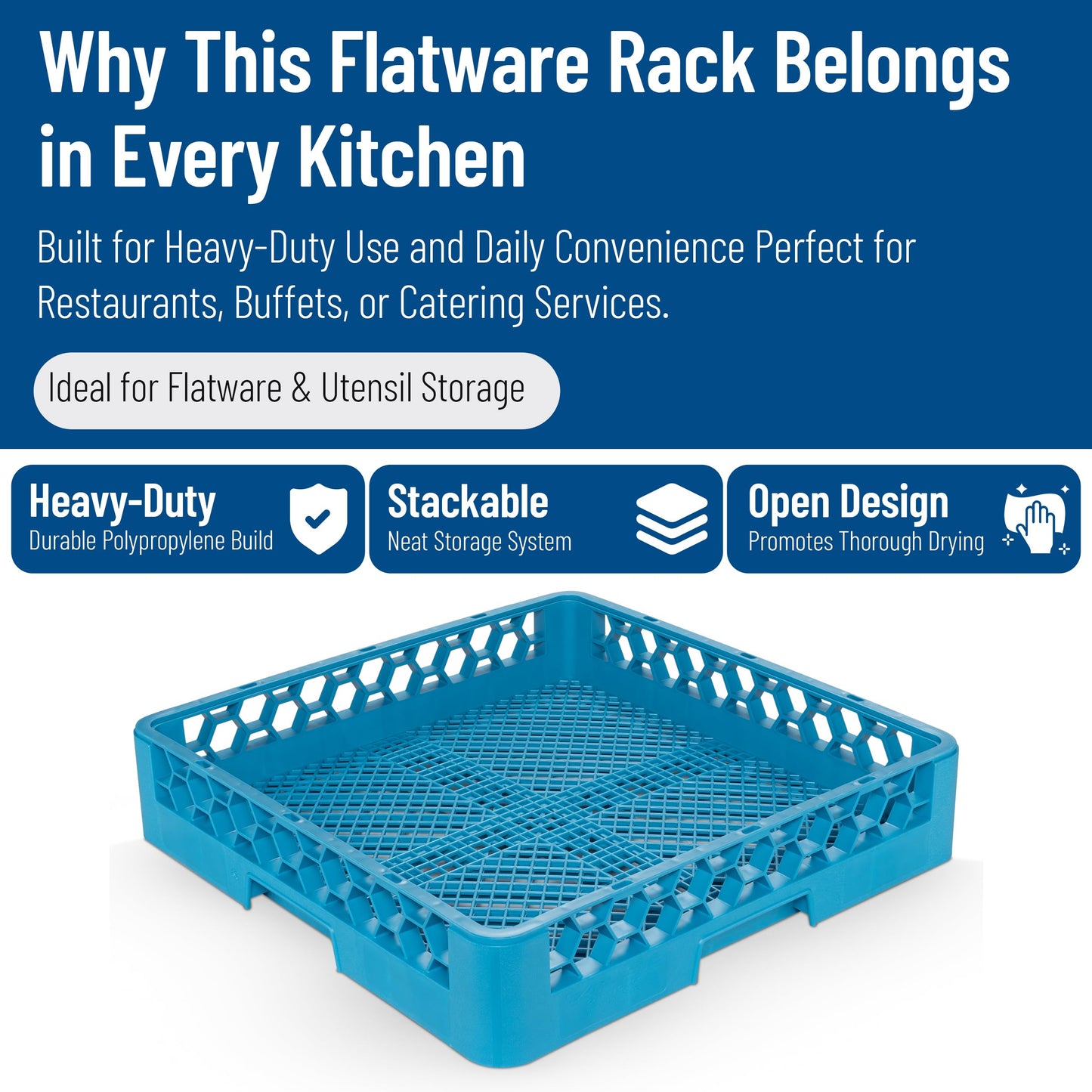 Carlisle FoodService Products OptiClean Combination Flatware Rack for Commercial Dishwashers – Open Bottom Grid Design, Holds Flatware, Ramekins, and Smallwares, 19.75" x 19.75", Blue