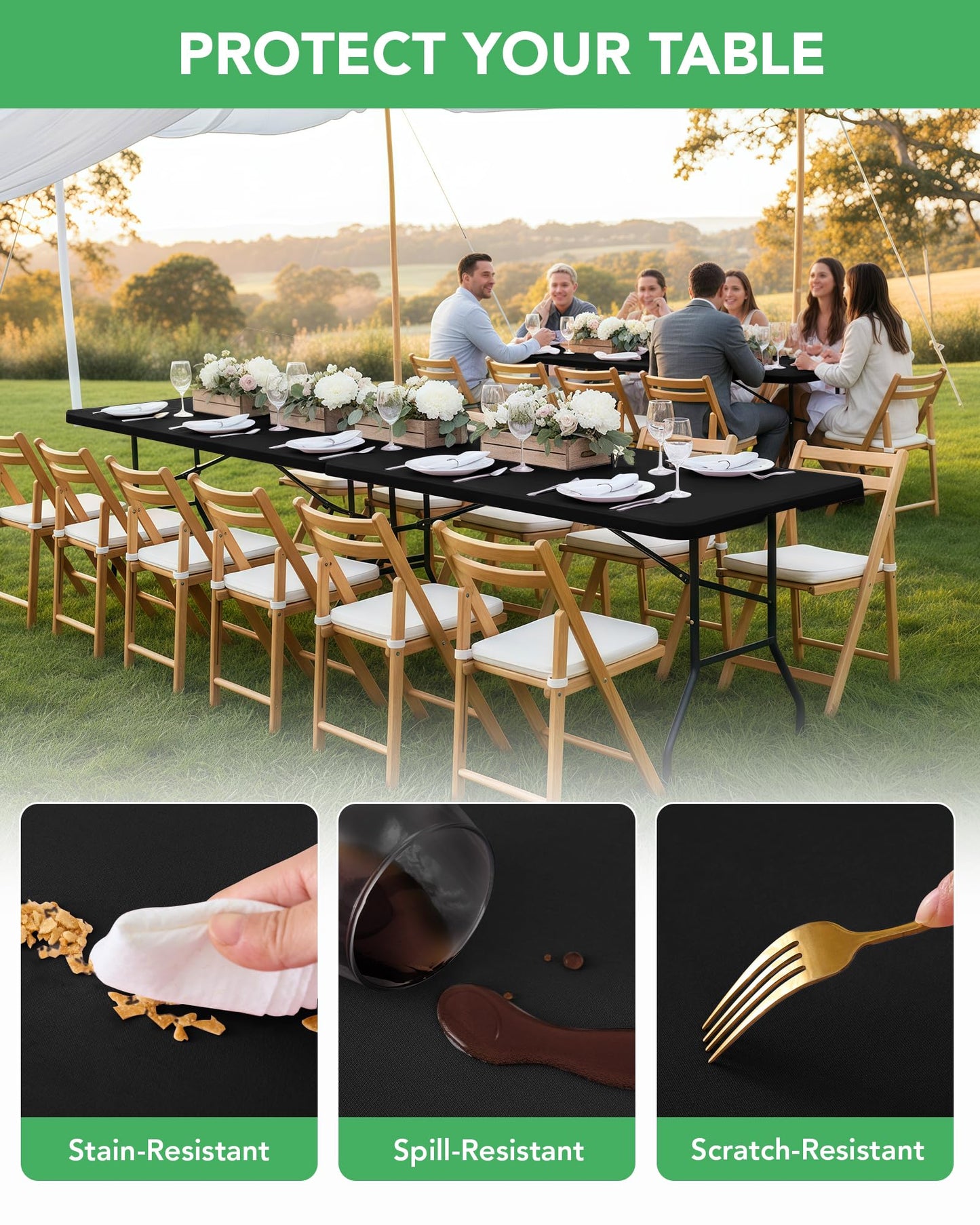 KeyWave Fitted Tablecloth Rectangle Table Cloths - 6 Pack 6 Foot Elastic Stretch Folding Table Top Cover Water-Resistant Reusable for Outdoor Picnic Camping Party Event, Black, 72" L x 30" W