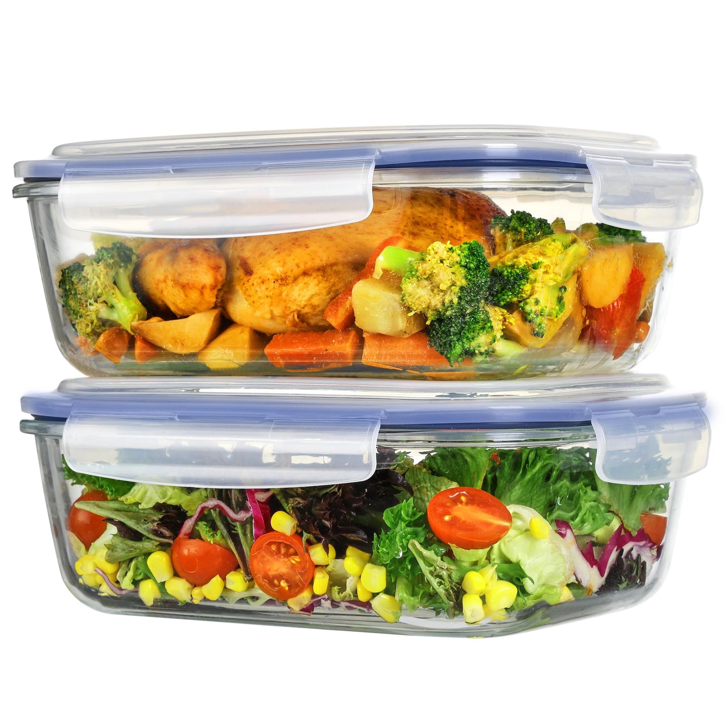 Vtopmart 2Pack 2260ml/ 76.4oz Large Glass Storage Containers with Lids, Meal Prep Food Container Set with Snap Airtight Lid for Baking, Microwave, Oven, Leak Proof, for Freezer, Dishwasher, Blue
