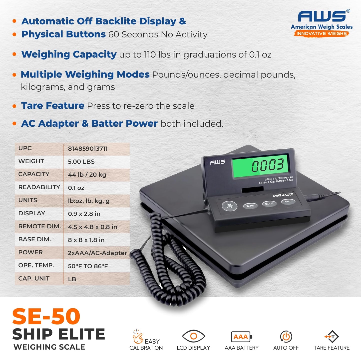 American Weigh Scales Digital Shipping Scale | Highly Accurate Multifunctional Postal Package & Luggage Weighing Scale | 110 lbs x 0.1 oz | Backlit LCD | Battery & AC Adapter | Compact Platform