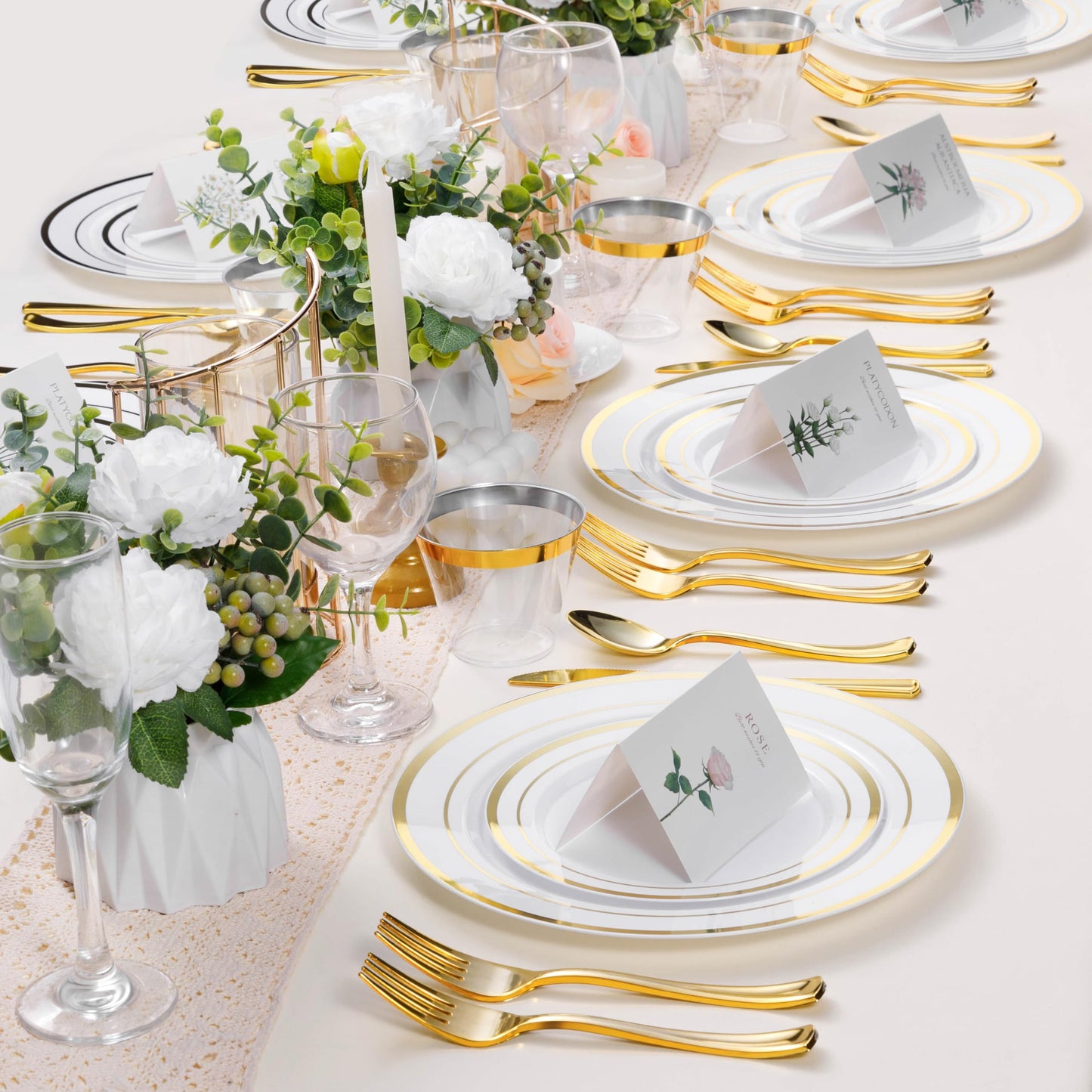 BESTSTAR 100PCS White Plastic Plates for Party, 10.25 Inch Disposable Plates with Gold Rim, Heavy Duty Dinner Plates for Party, Wedding and Birthday