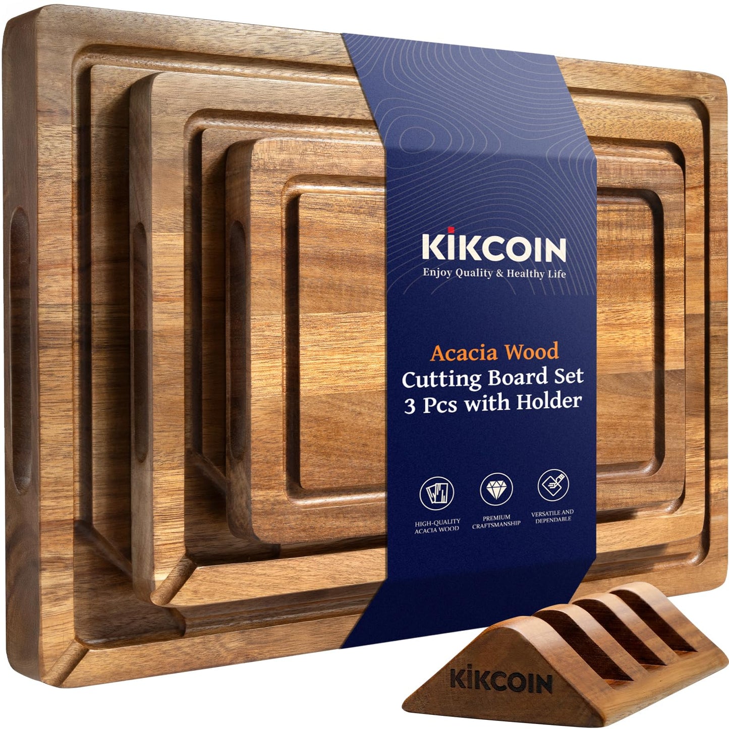 Acacia Wood Cutting Boards for Kitchen, Kikcoin 3 PCS Wooden Cutting Board Set with Holder, Chopping Board with Compartments and Juice Groove, Solid Charcuterie Boards Serving Tray Wood Butcher Block