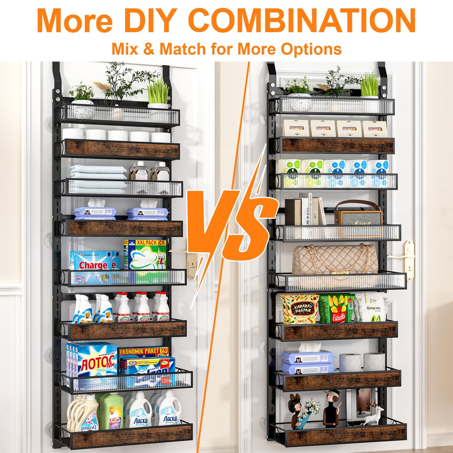 8 Tier Pantry Door Organizer Spice Rack, 2-IN-1 Wall Mount or Hanging Over Door Seasoning Organizer with Adjustable Baskets, Heavy Duty Behind Door Storage Shelves for Pantry, Cabinet and Kitchen