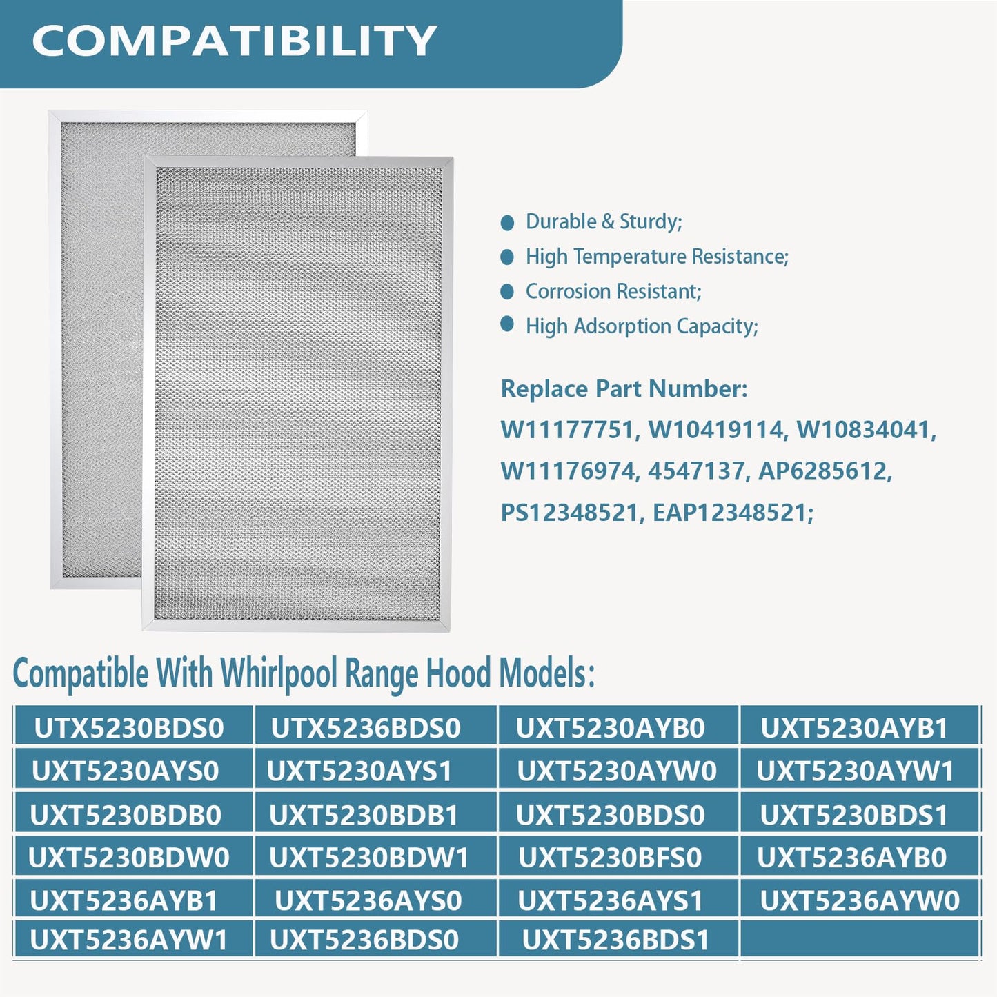 W11177751 Range Hood Filter 11-1/2" X 17-1/4" Replacement For Whirlpool Range Hood W10419114 W10834041 W11176974 4547137 AP6285612 PS12348521 EAP12348521 Aluminum Mesh Filters 2 Pack
