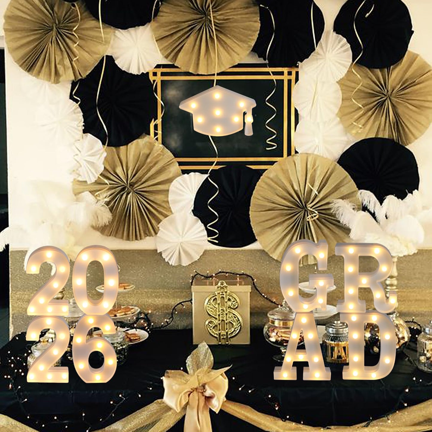 Graduation Party Decorations 2026, 8 LED Long Marquee Light Up Letters 'Grad 2026' and 1 'Doctorial hat' - Graduation Party Decor for Preschool High School College