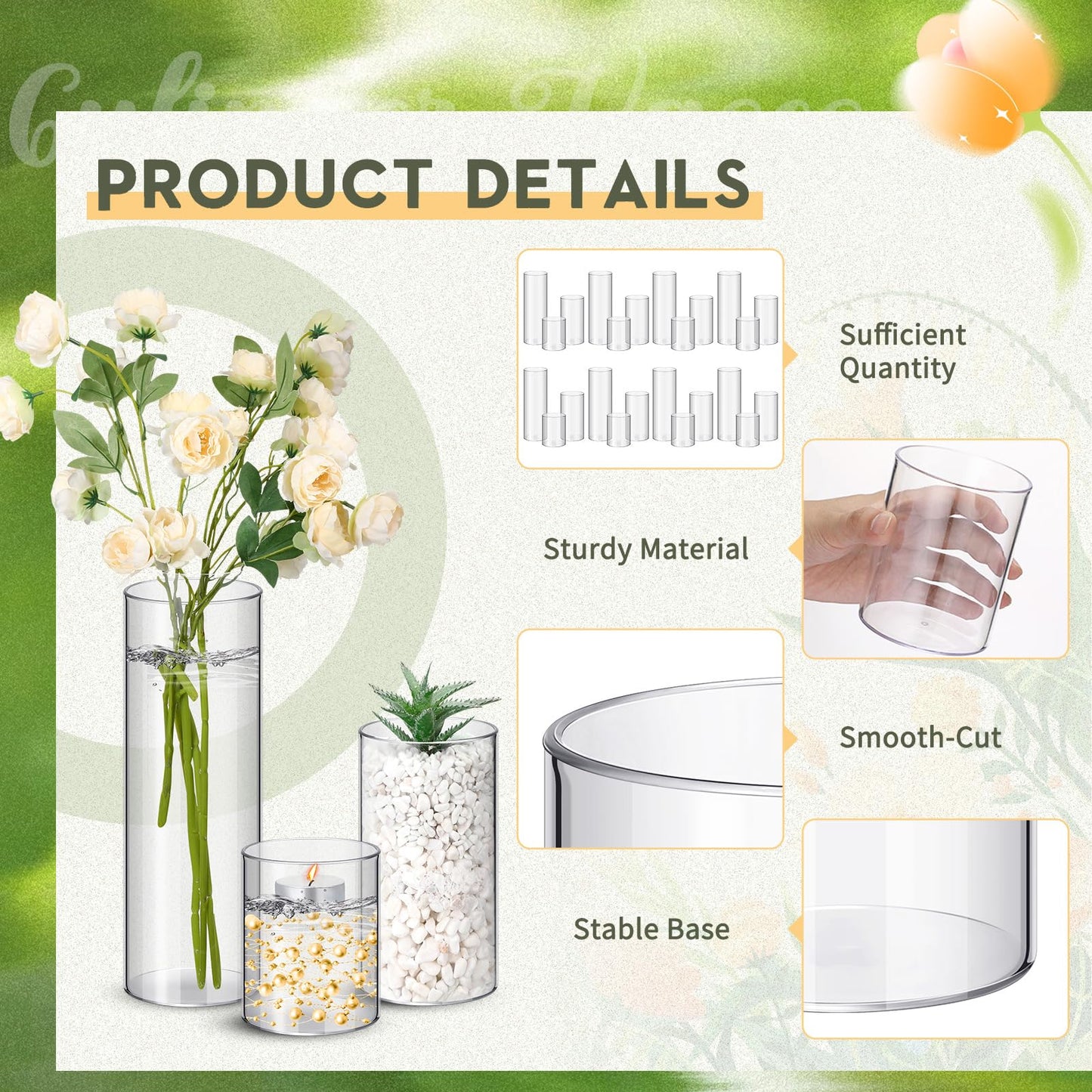 Nuogo 24 Pcs Plastic Cylinder Vases Tall Plastic Flower Vases for Centerpieces Hurricane Candle Holder for Home Wedding Office Party Formal Dinners Decorations (4''/6''/8'')
