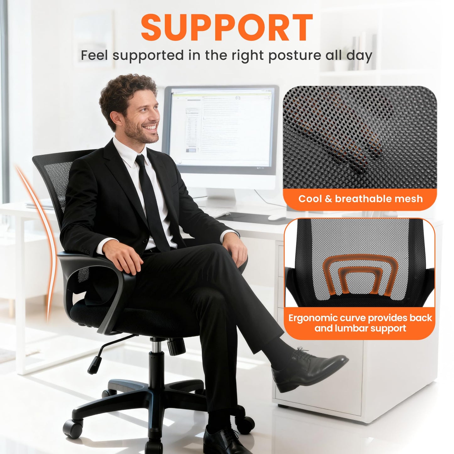 NEO CHAIR Office Desk Computer Chair Ergonomic Mesh Gaming Cushion Seat with Comfy Lumbar Mid Back Support Adjustable Height Swivel Rolling Wheels for Home Task (Mesh Black)