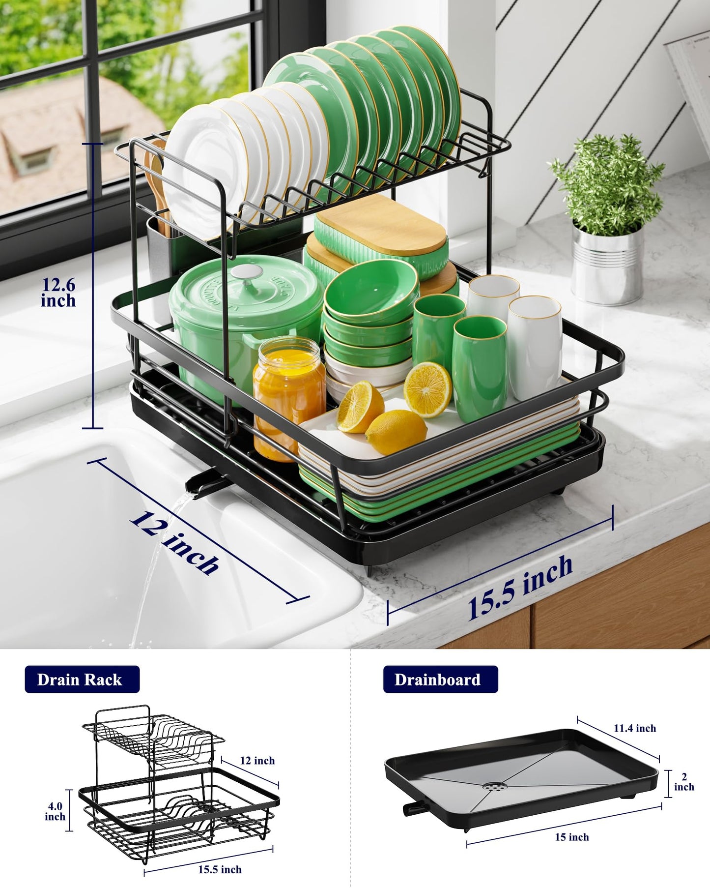 Kitsure Dish Drying Rack for Kitchen Counter, Stainless Steel Sink Organization and Storage Essentials with Cutlery Holder, Home and Appartment Decor, 12''W x 15.5''L, 2 Tiers, Black
