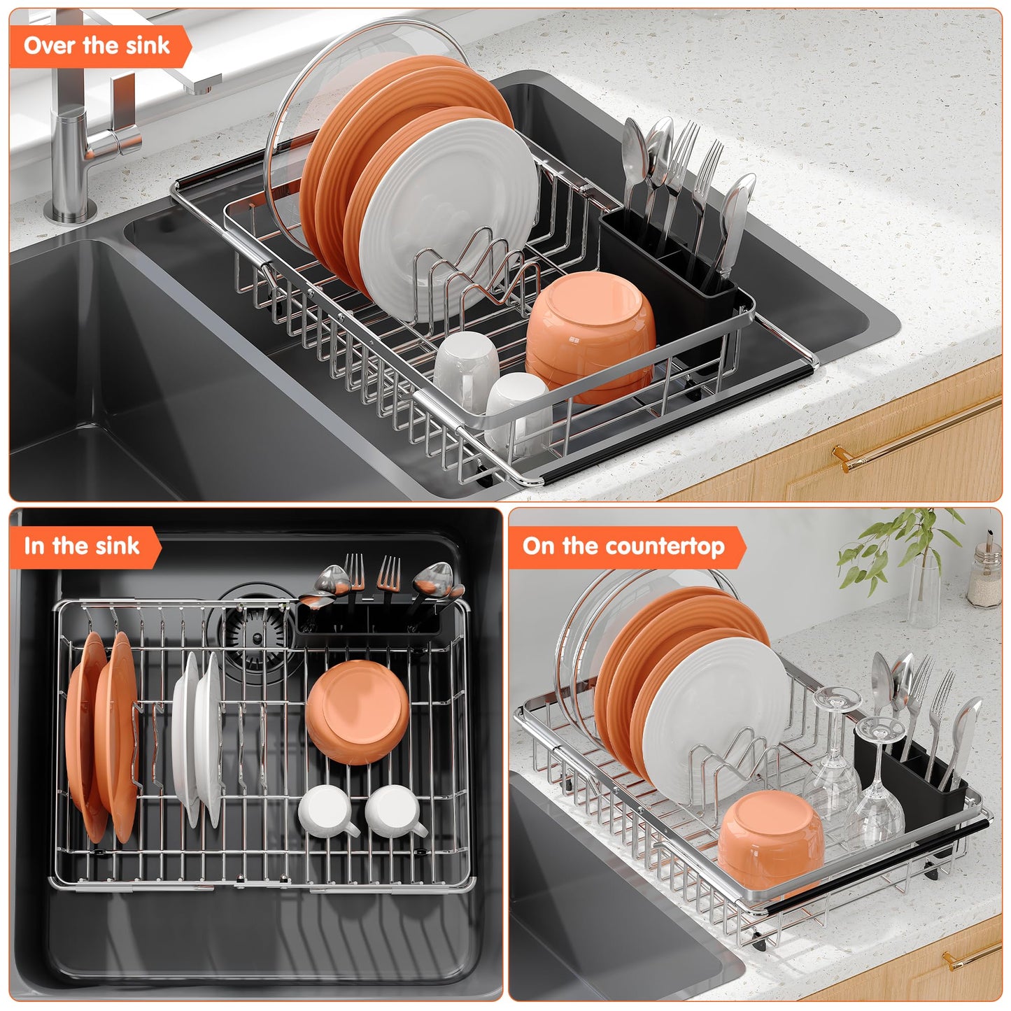 Expandable Over The Sink Dish Drainer Drying Rack In Stainless Steel Metal For Small Kitchen, Counter Space Saving Compact Above Plate Dryer Strainer, Adjustable Hanging Inside Sink Wire Drain Holder