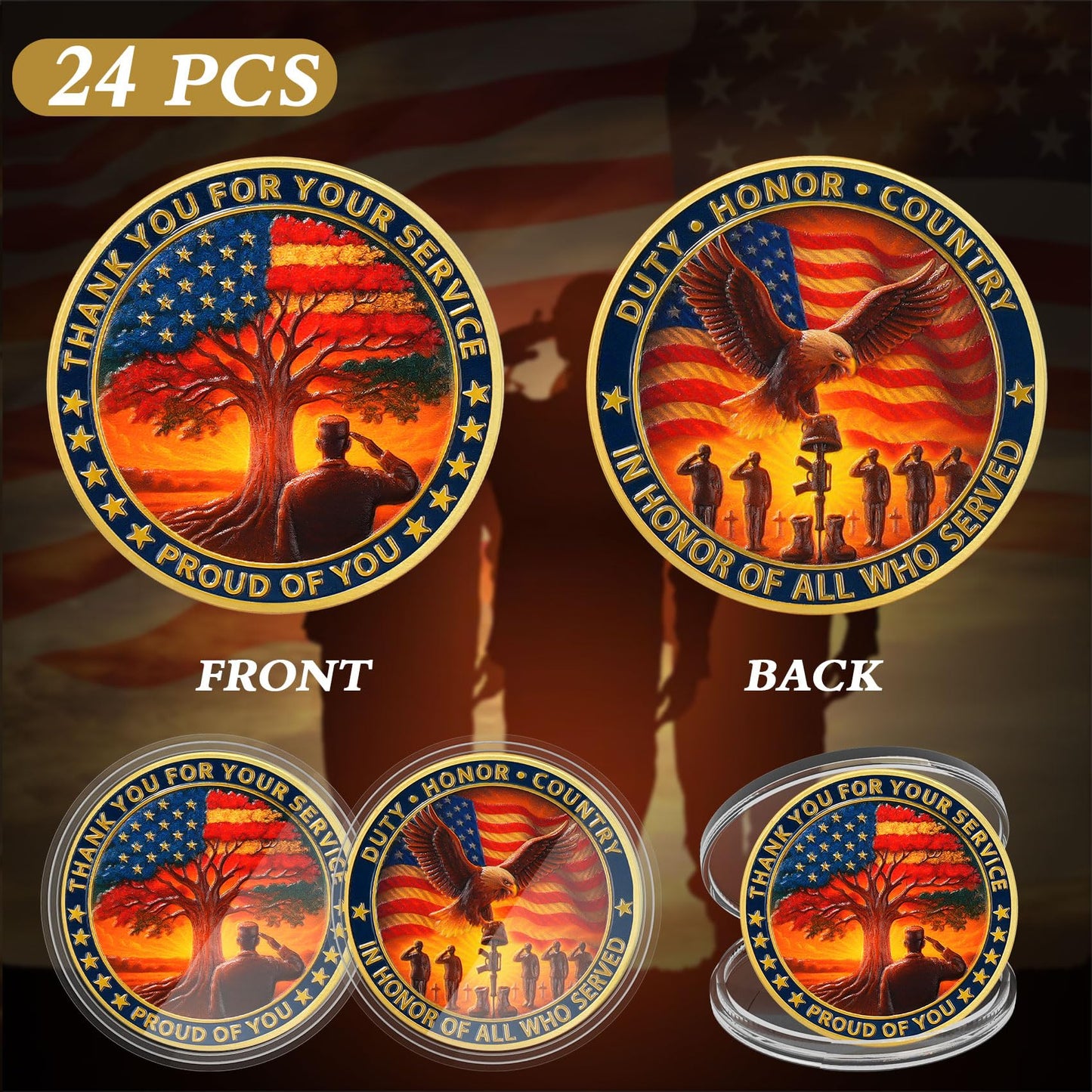 ASmileIndeep Military Challenge Coins - Thank You for Your Service Bulk Veterans Challenge Coin Military Appreciation Gifts for Men Women Veterans Army Patriotic Military Gift (24 PCS)